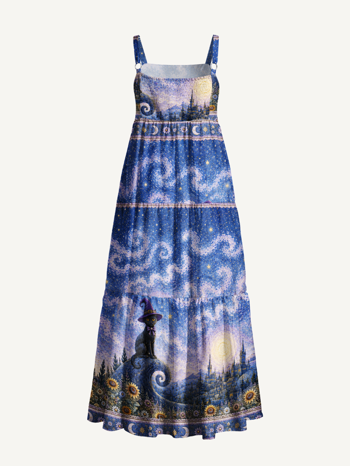 Starry Night Magic Garden Black Cat Print Wide Straps Maxi Dress With Pockets