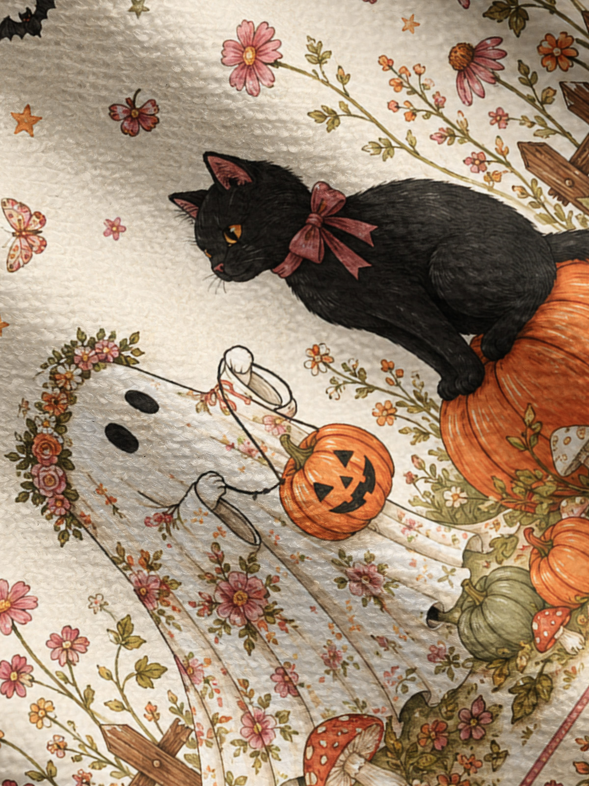 Lightweight Crew Neck Long‑Sleeve Cropped Garden Pumpkin Cat & Ghost Print Fine‑Knit Cardigan