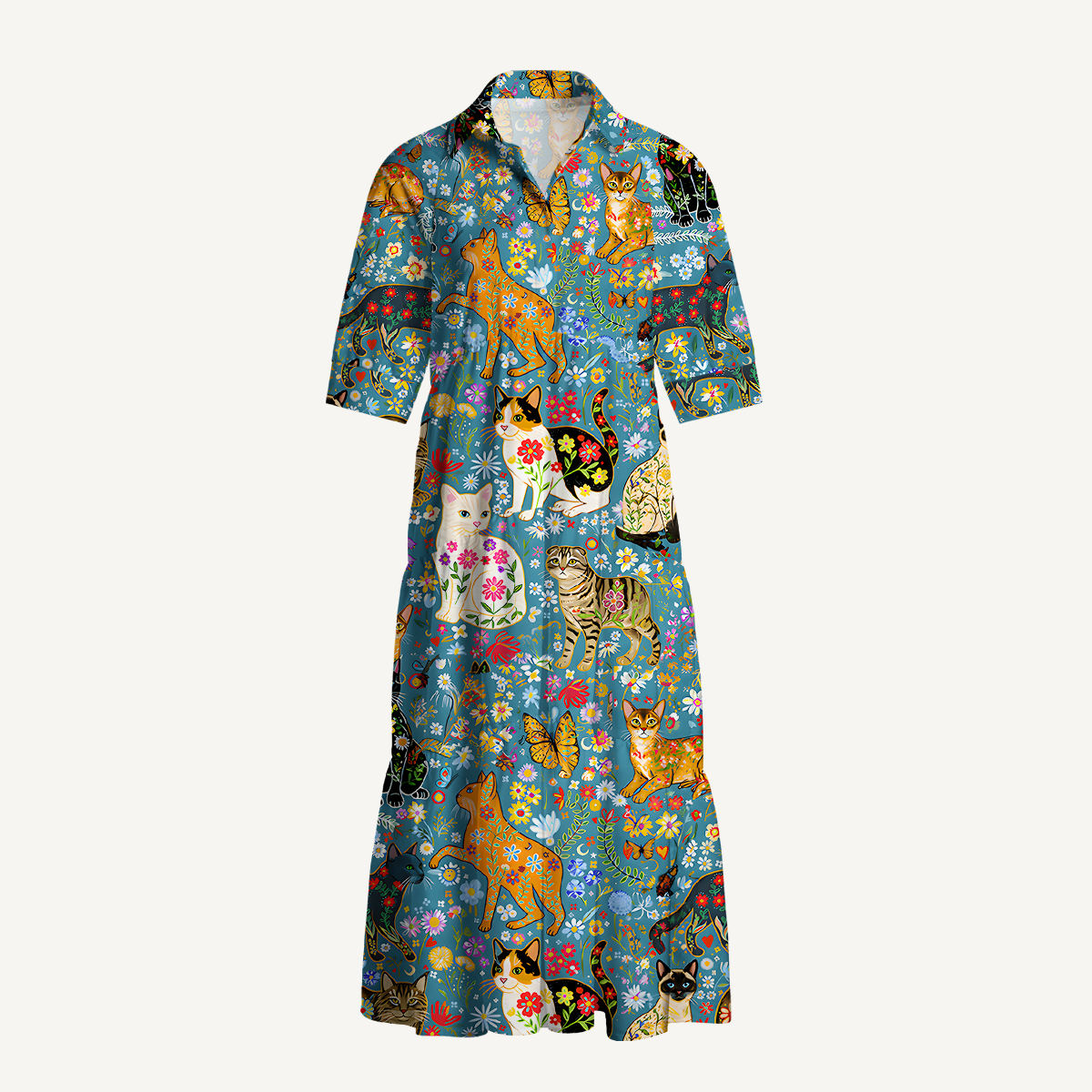 V Neck Collared Colorful Garden Cat Casual Long Shirt Dress