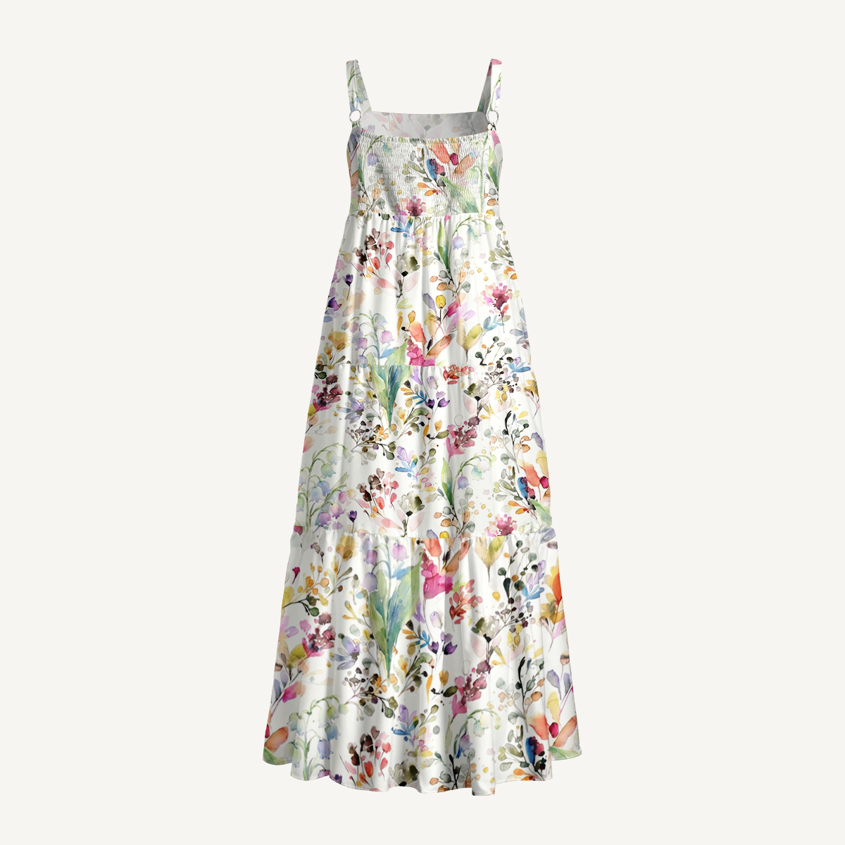 Watercolor Wildflower Garden Print Quilt Wide Straps Maxi Dress With Pockets