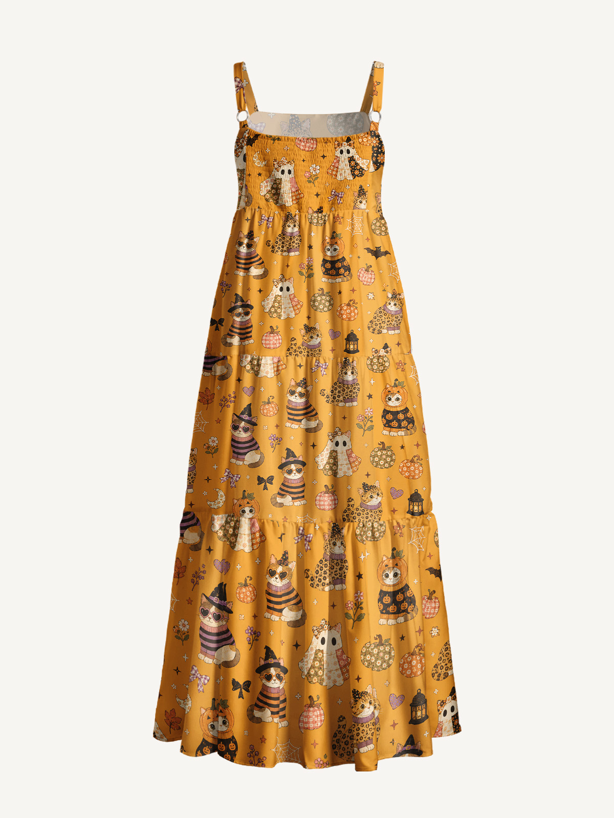 Spooky Retro Kittens Print Wide Straps Maxi Dress With Pockets
