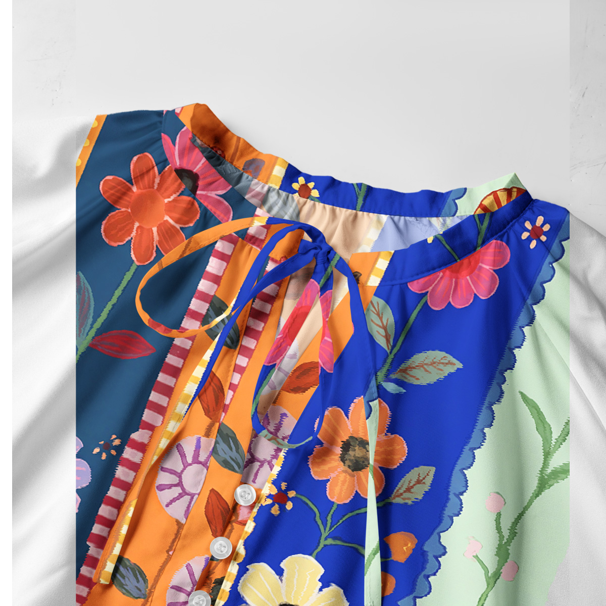 Rainbow Garden Colorblock Print Boho Tie‑Neck Smock Mini Dress