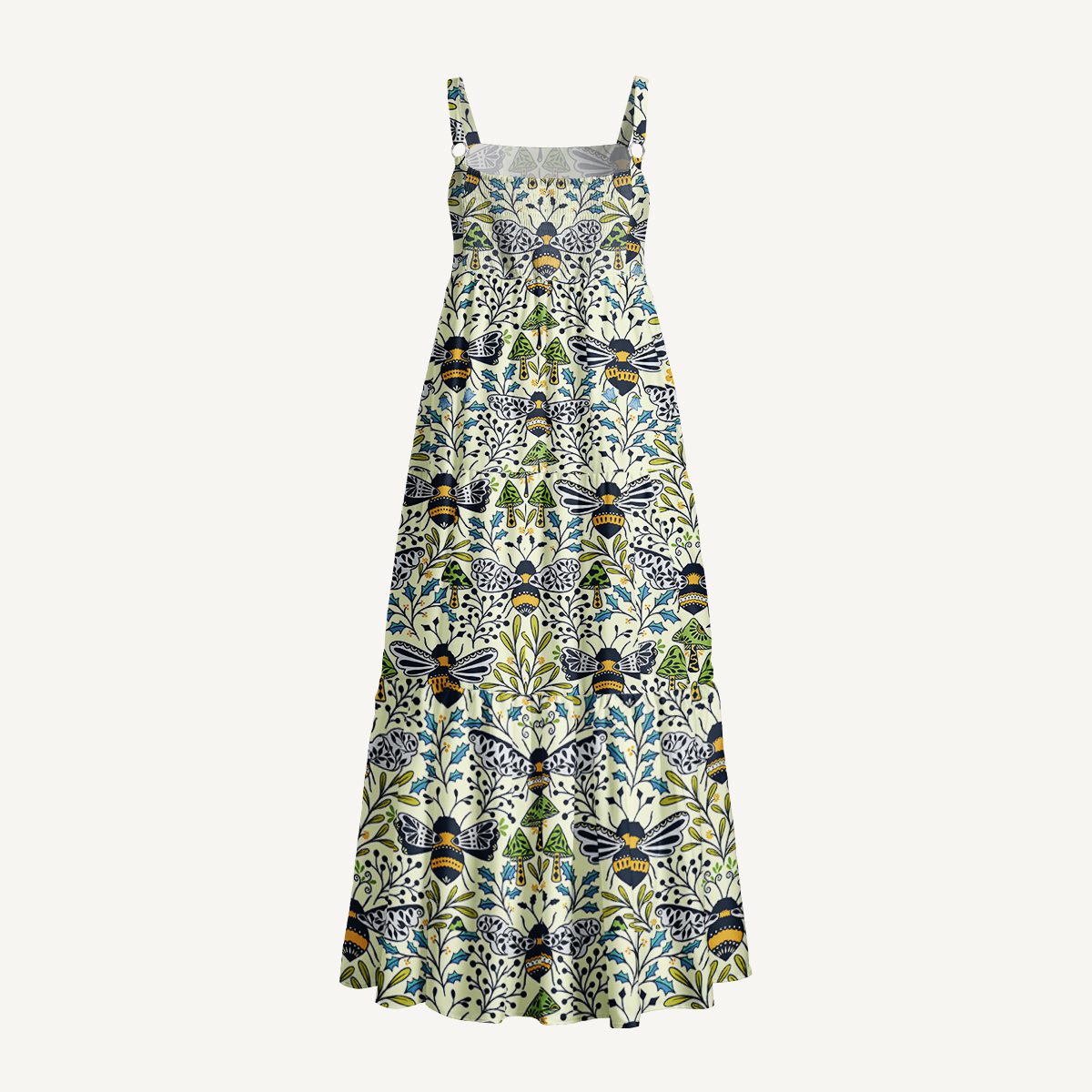 Botanical Bee Garden Print Wide Straps Maxi Dress With Pockets