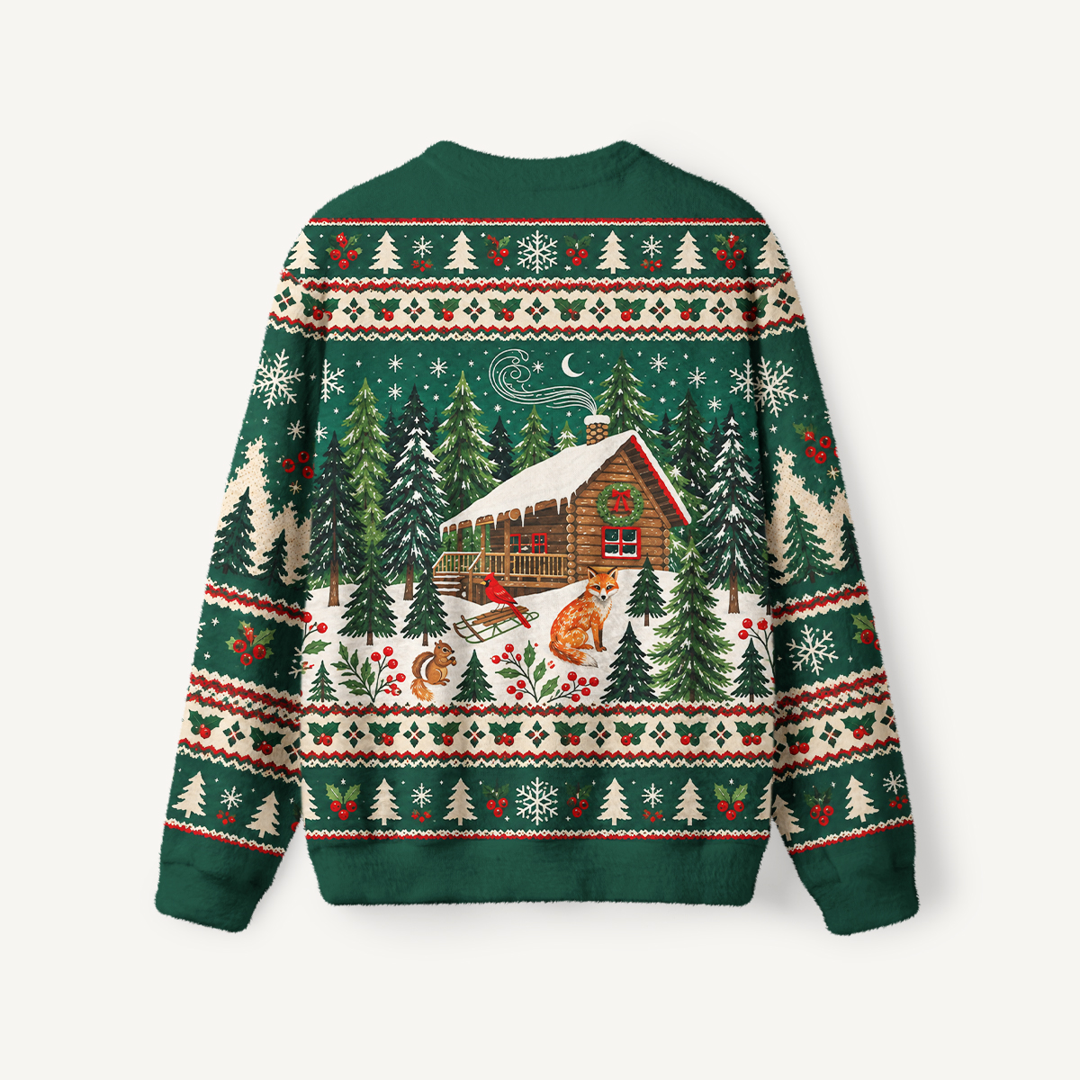 Christmas Cabin & Woodland Animals Fuzzy Crewneck Sweater