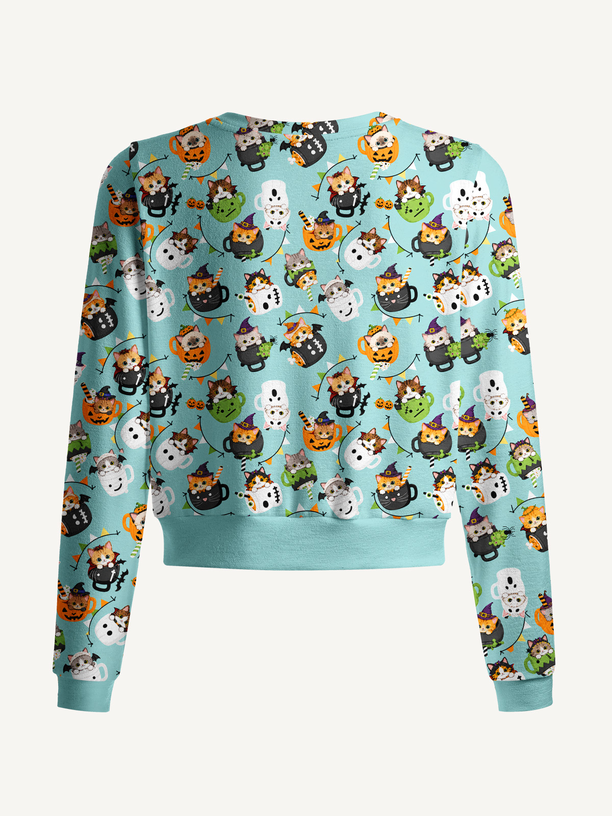 Lightweight Crew Neck Long‑Sleeve Cropped Mint Pumpkin Kitty Halloween Fun Print Fine‑Knit Cardigan