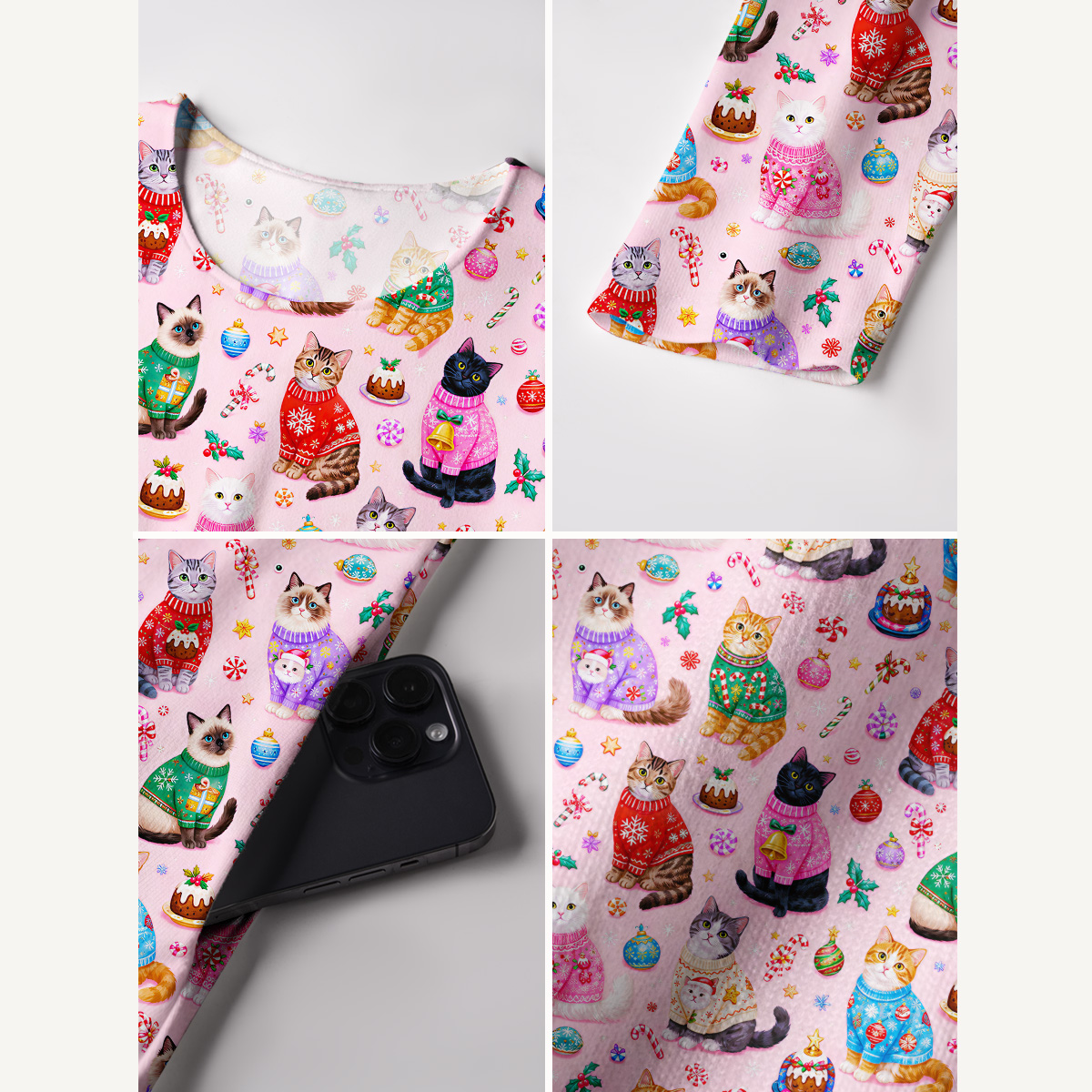 Christmas Sweater Cats Holiday Print Soft-Touch Stretch Knit Long Sleeve Maxi Dress with Pockets