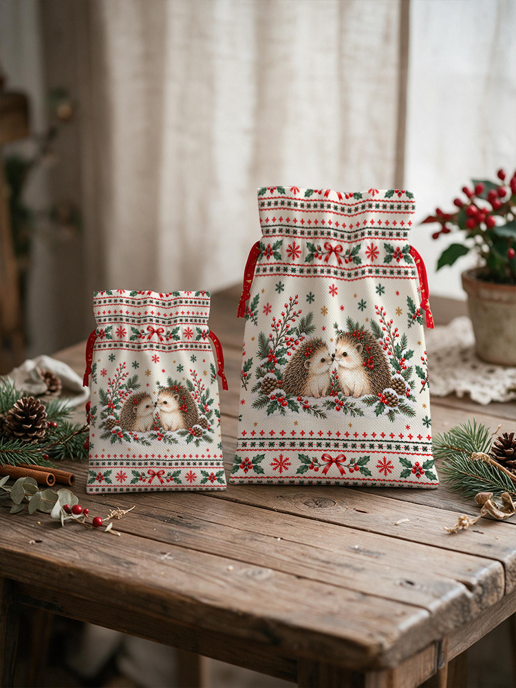 Cozy Christmas Hedgehogs Reusable Drawstring Gift Bag