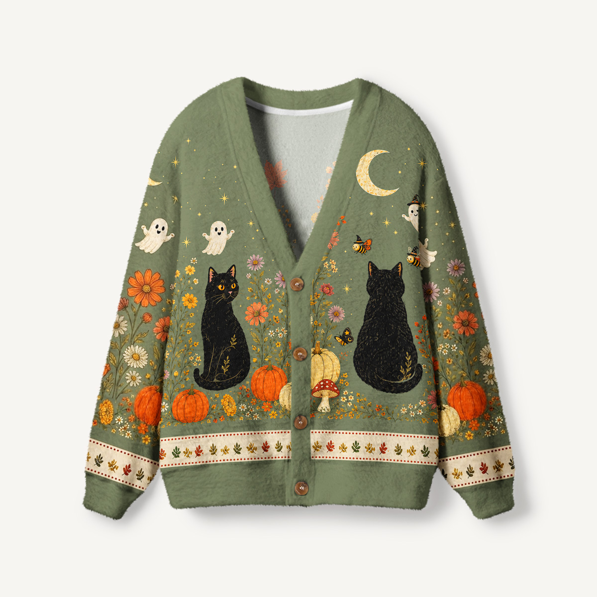 Twilight Pumpkin Garden Black Cat Print Halloween Ugly Cardigan Sweaters