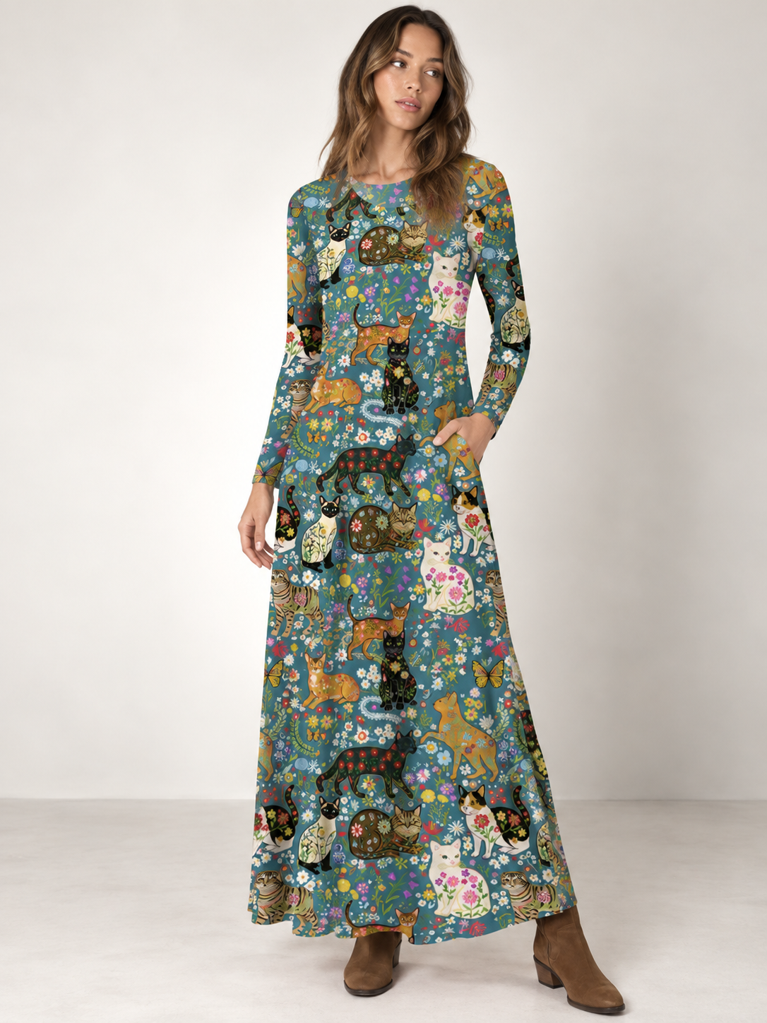 Colorful Garden Cat Pattern Print Soft-Touch Stretch Knit Long Sleeve Maxi Dress with Pockets