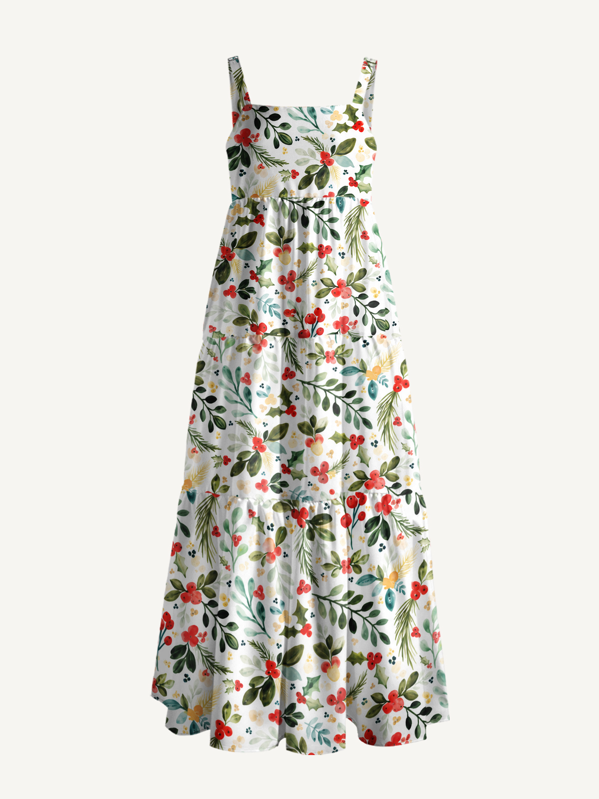 Christmas Holly Berry & Pine Print Wide Straps Maxi Dress With Pockets