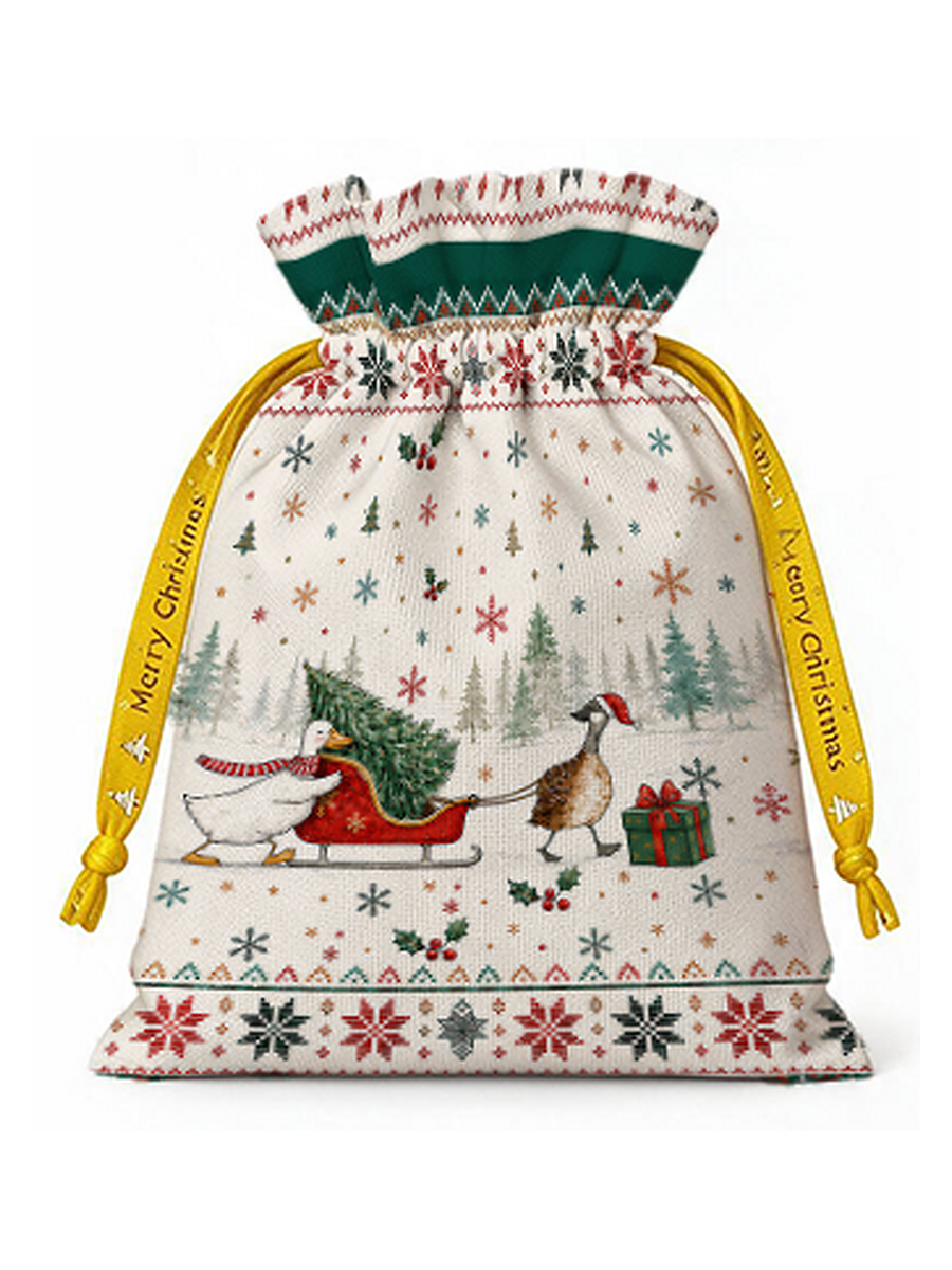 Christmas Duck Sleigh & Pine Tree  Reusable Drawstring Gift Bag