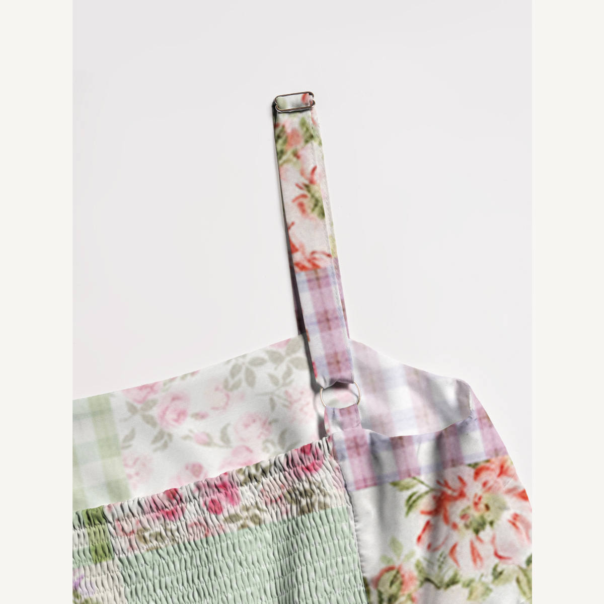 Creamy Garden Patchwork Printed Wide Straps Maxi Dress With Pockets