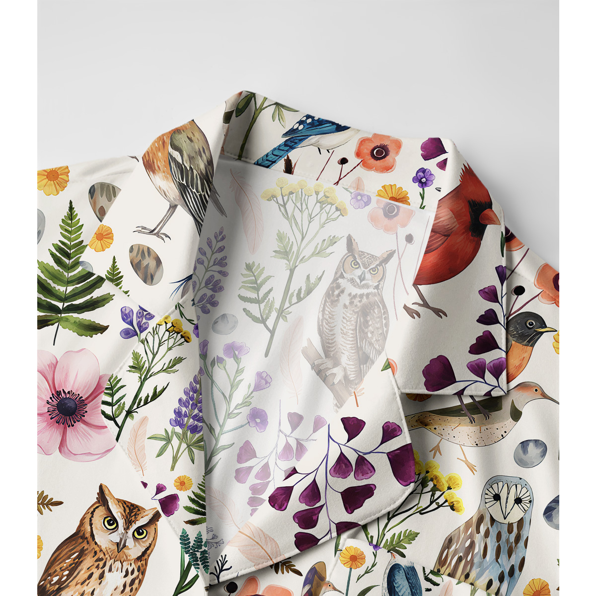 Whimsical Woodland Birds Wildflowers Print Long Pajama Set 