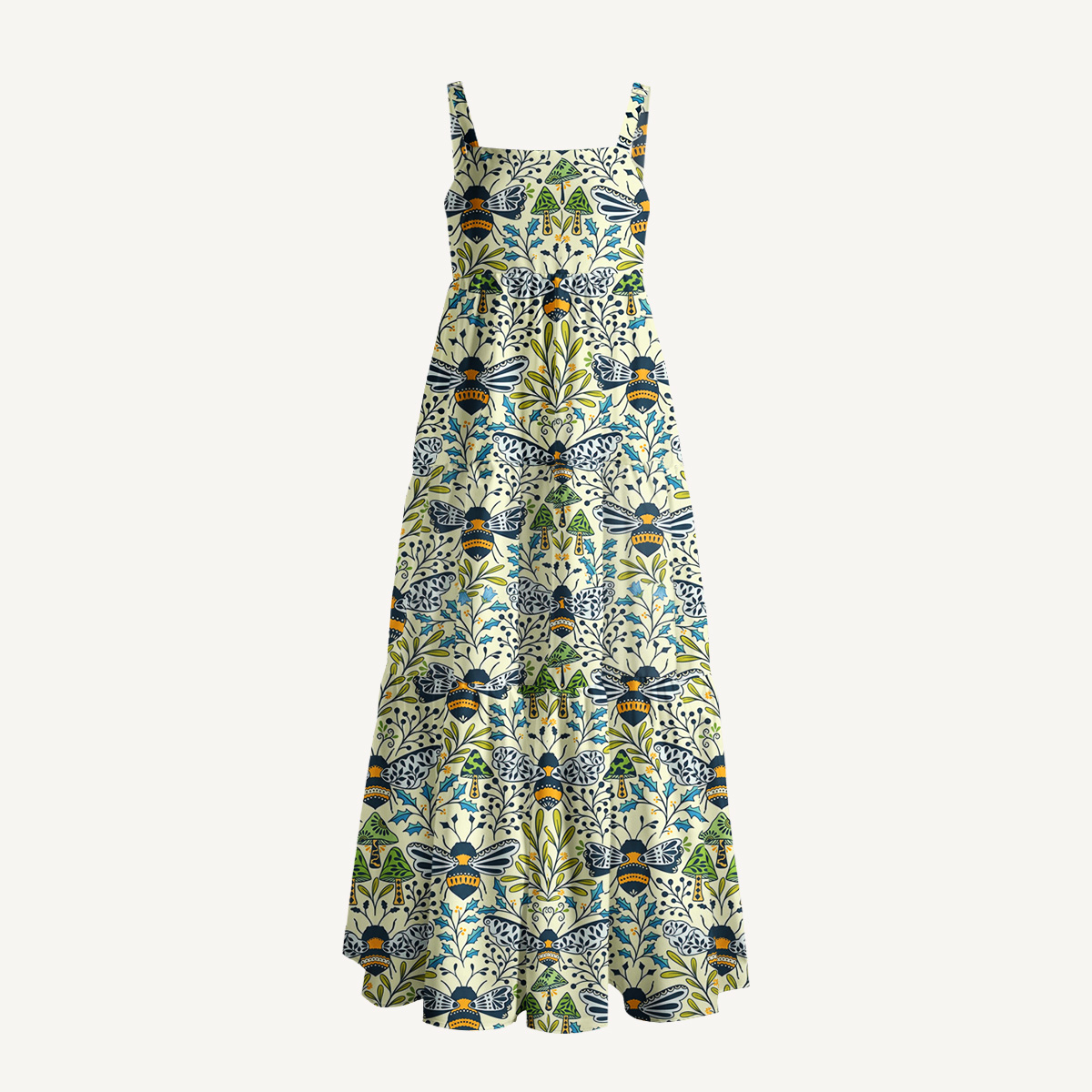 Botanical Bee Garden Print Wide Straps Maxi Dress With Pockets
