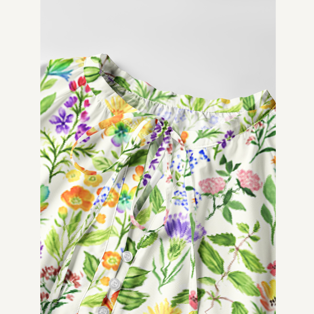 Colorful Wildflower Meadow Print Boho Tie‑Neck Smock Mini Dress