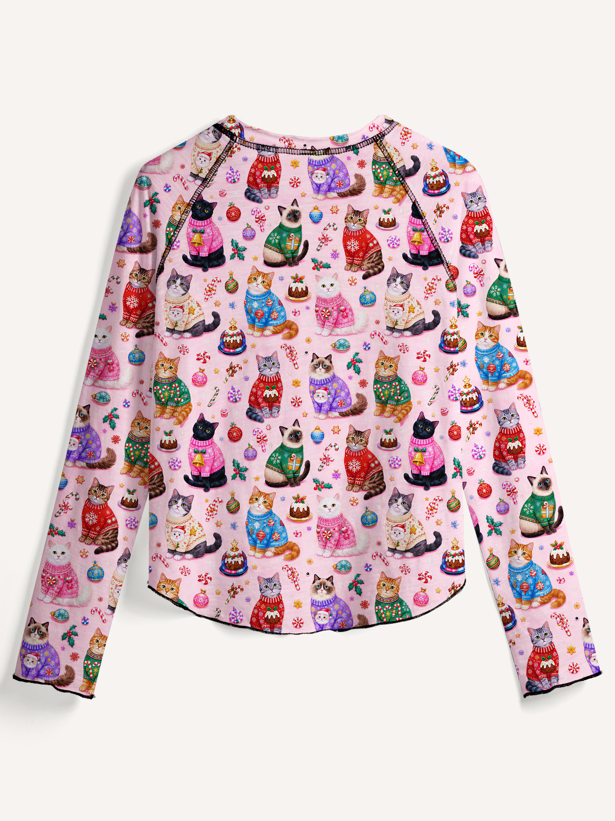 Christmas Sweater Cats Holiday All-Over Print Cotton Raglan Long Sleeve Top