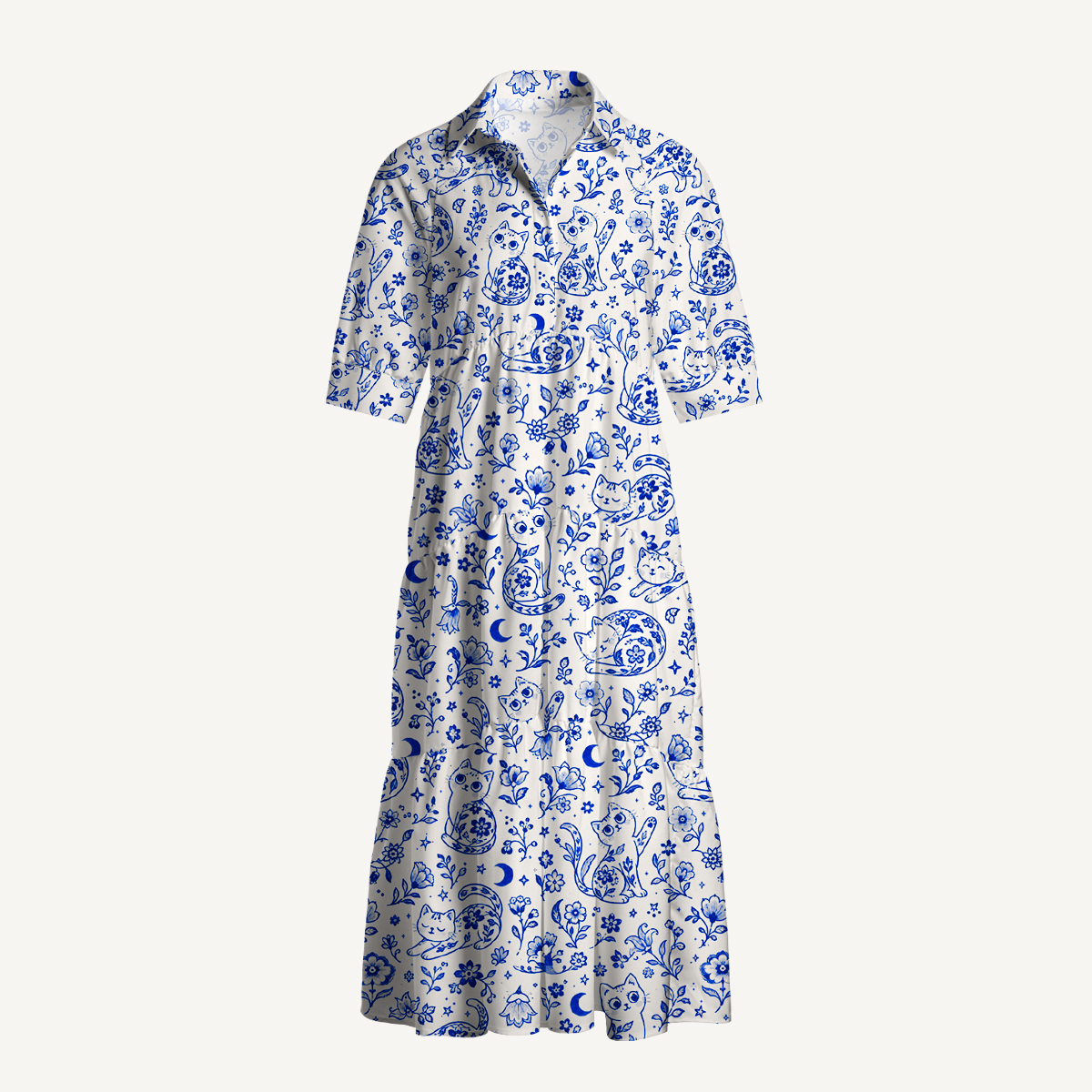 V Neck Collared Delft Blue Bloom Cat Dream Print Casual Midi Dress With Pockets