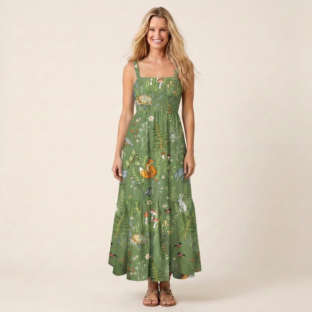 Whimsical Woodland Animals Print Wide Straps Maxi Dress With Pockets