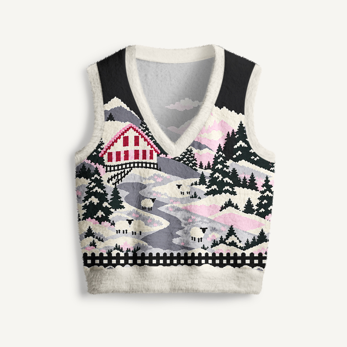 Pink Snowy Cabin Valley Print V-Neck Sweater Vest