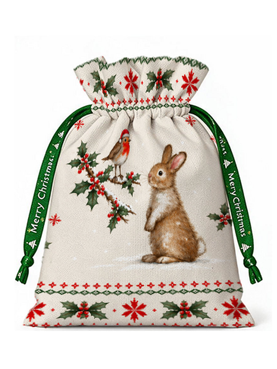 Christmas Robin & Bunny Reusable Drawstring Gift Bag