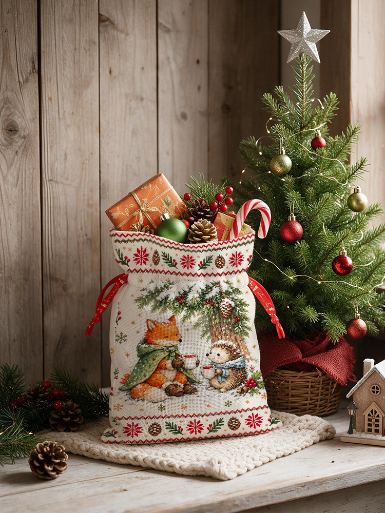 Cozy Winter Fox & Hedgehog Reusable Christmas Drawstring Gift Bag