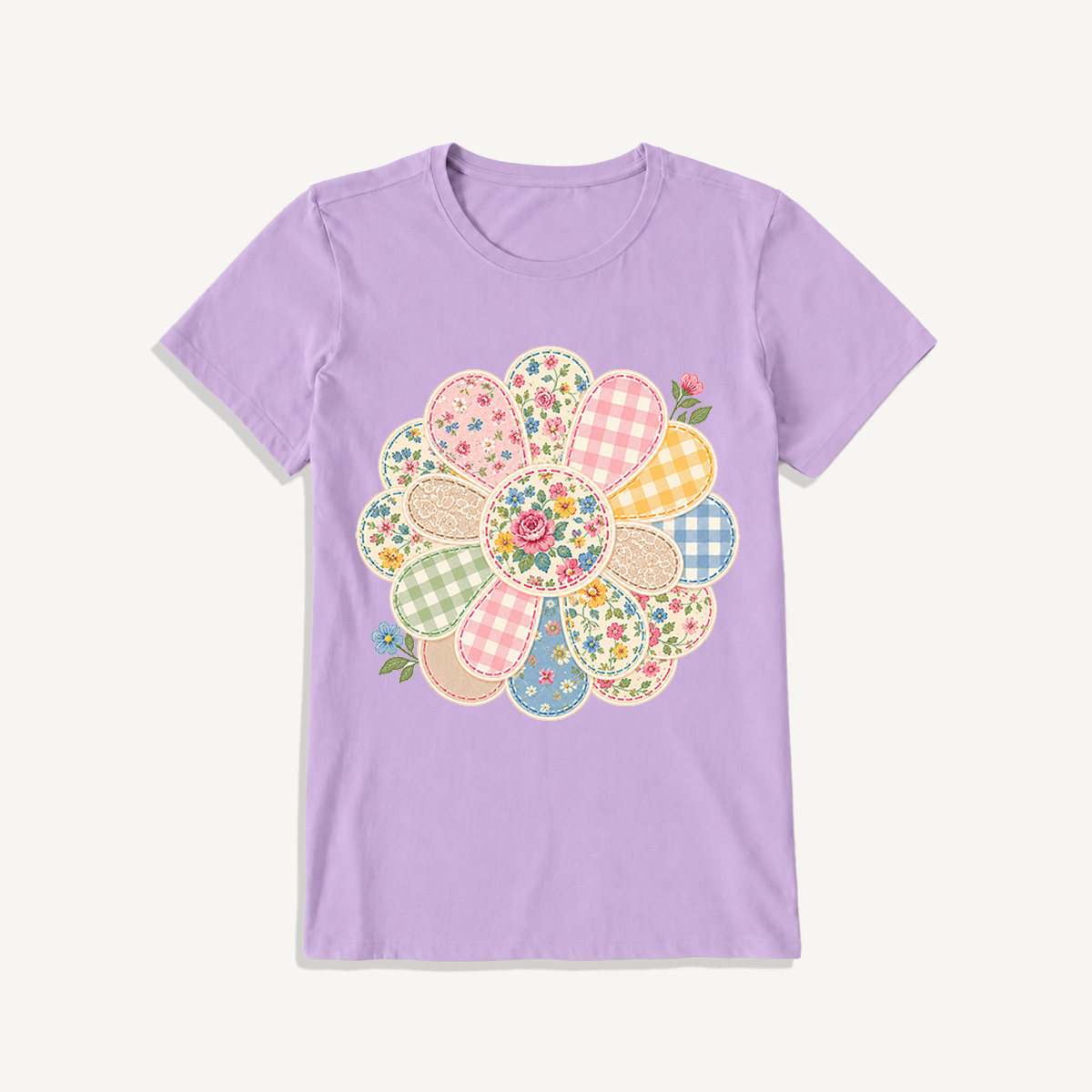 Cottage Patchwork Bloom Print Crew Neck Cotton Tee
