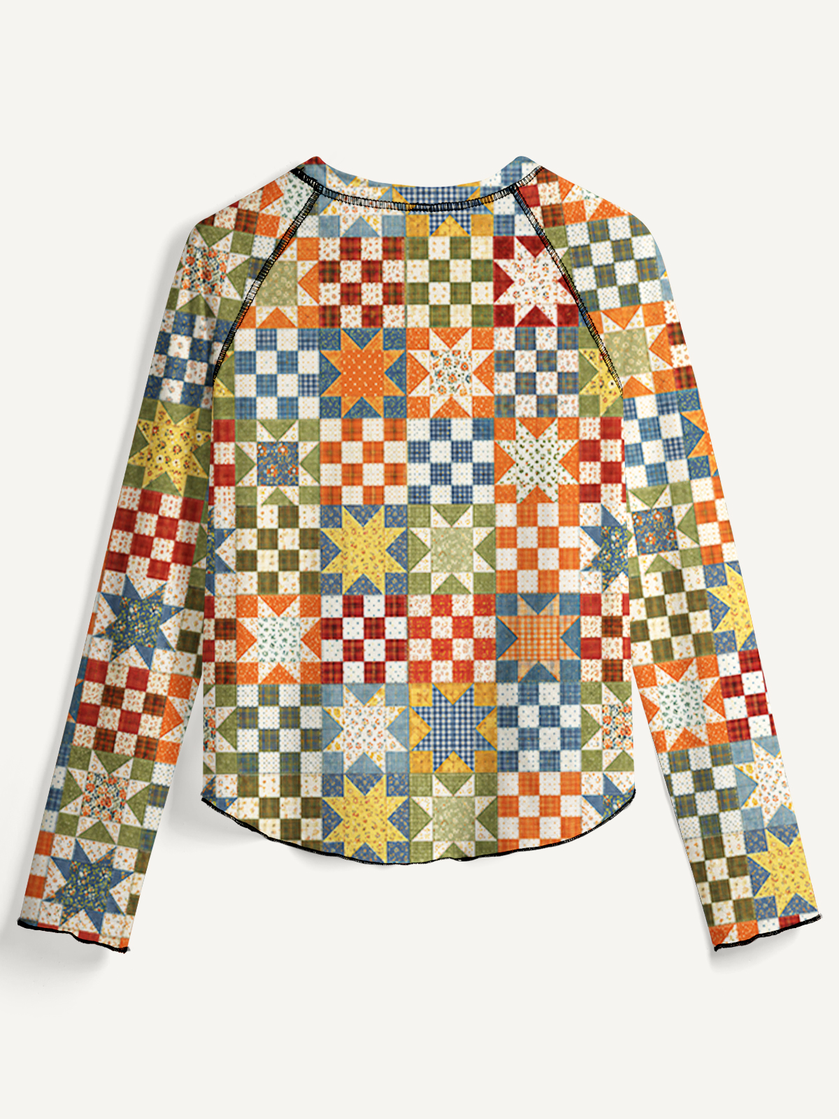 Vintage Star Quilt Patchwork All-Over Print Cotton Raglan Long Sleeve Top