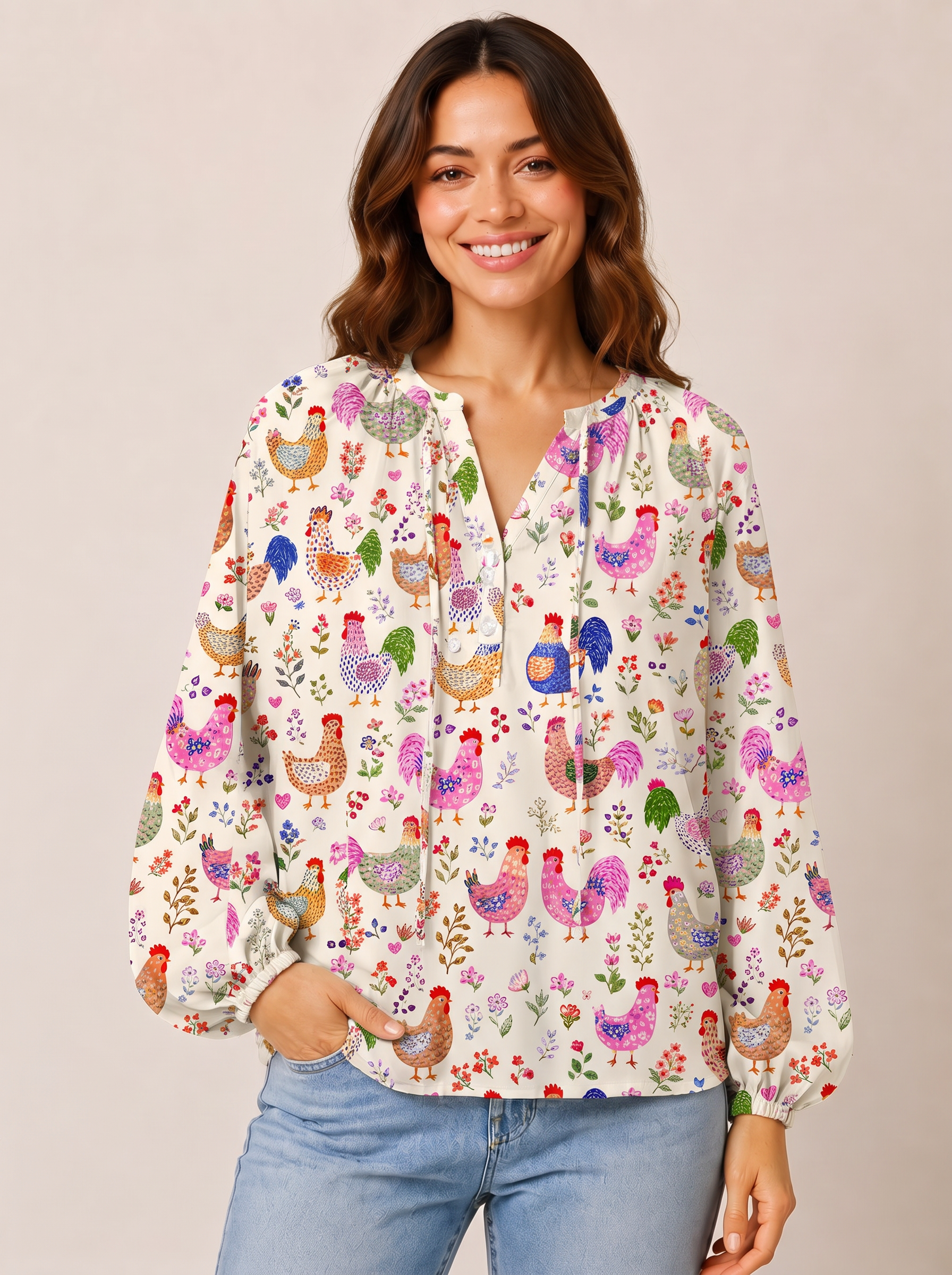 Colorful Farm Chickens Print Boho Long Sleeve Tie‑Neck Blouse