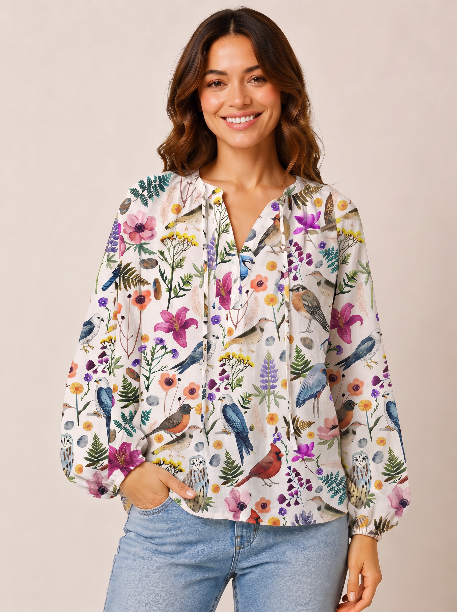 Whimsical Woodland Birds Wildflowers Print Boho Long Sleeve Tie‑Neck Blouse