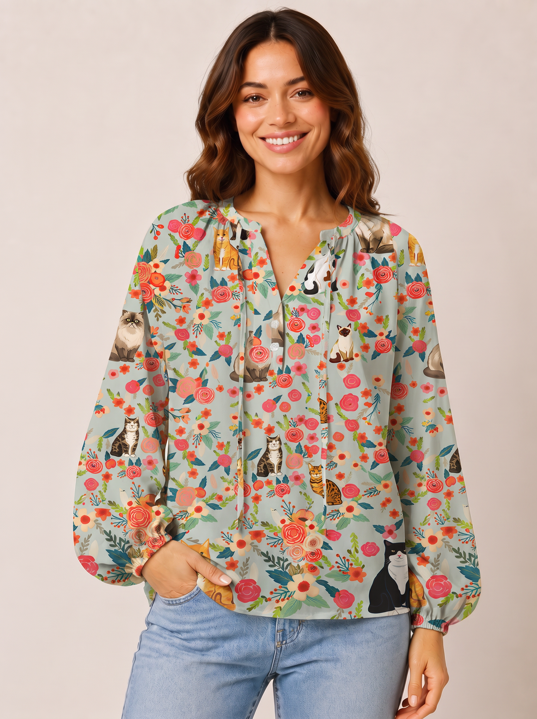 Flower Cat Print Boho Long Sleeve Tie‑Neck Blouse
