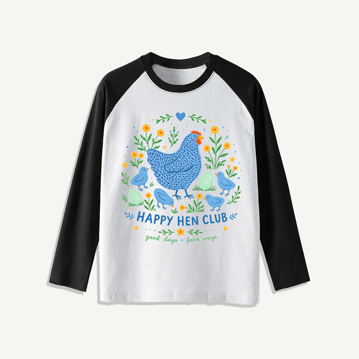 Blue Hen and Chicks Garden Print Raglan Long Sleeve T-shirt