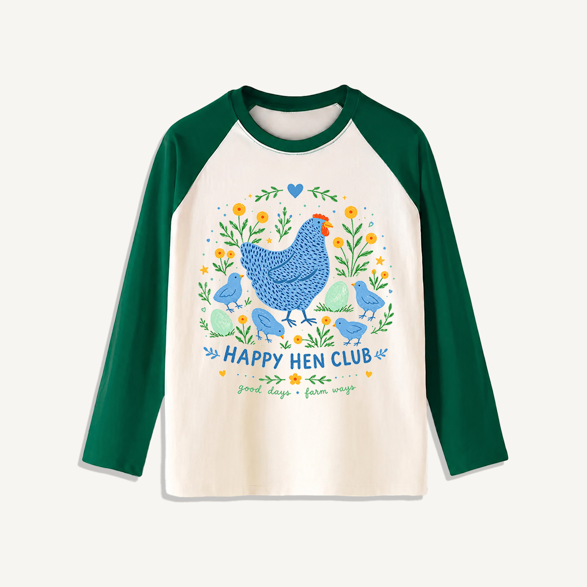 Blue Hen and Chicks Garden Print Raglan Long Sleeve T-shirt