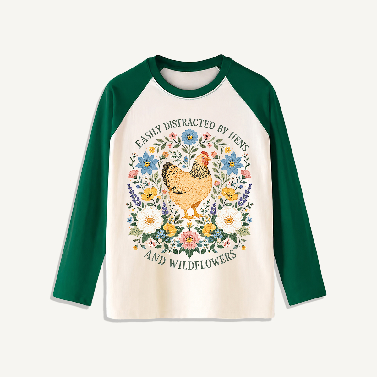 Hen and Wildflowers Cottage Print Raglan Long Sleeve T-shirt