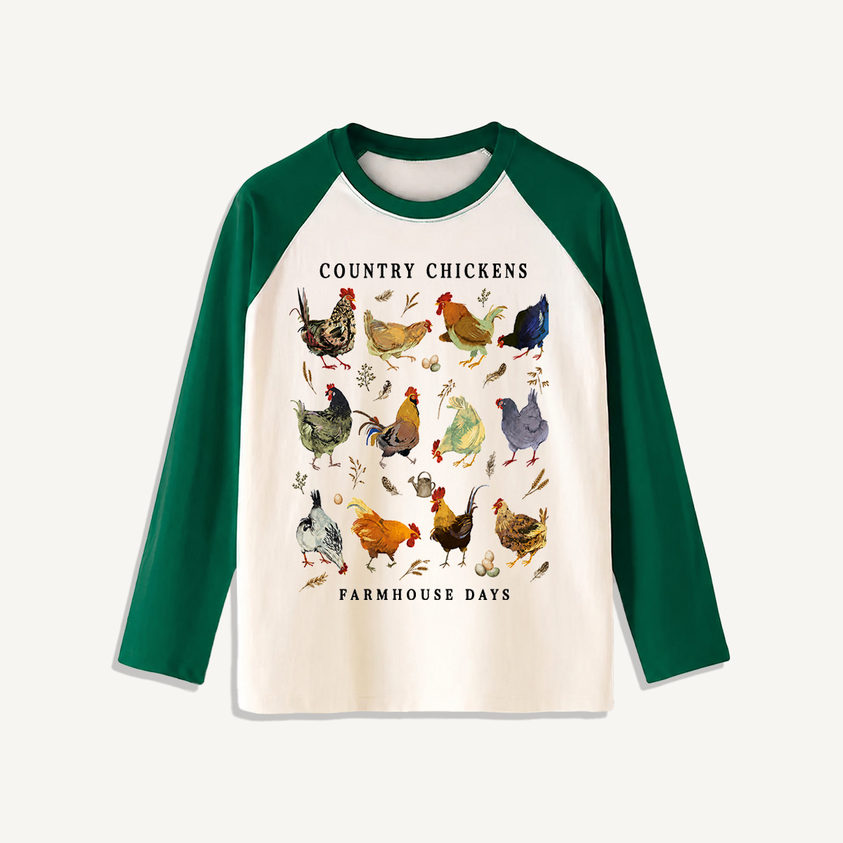 Country Chicken Farmhouse Collection Print Raglan Long Sleeve T-shirt