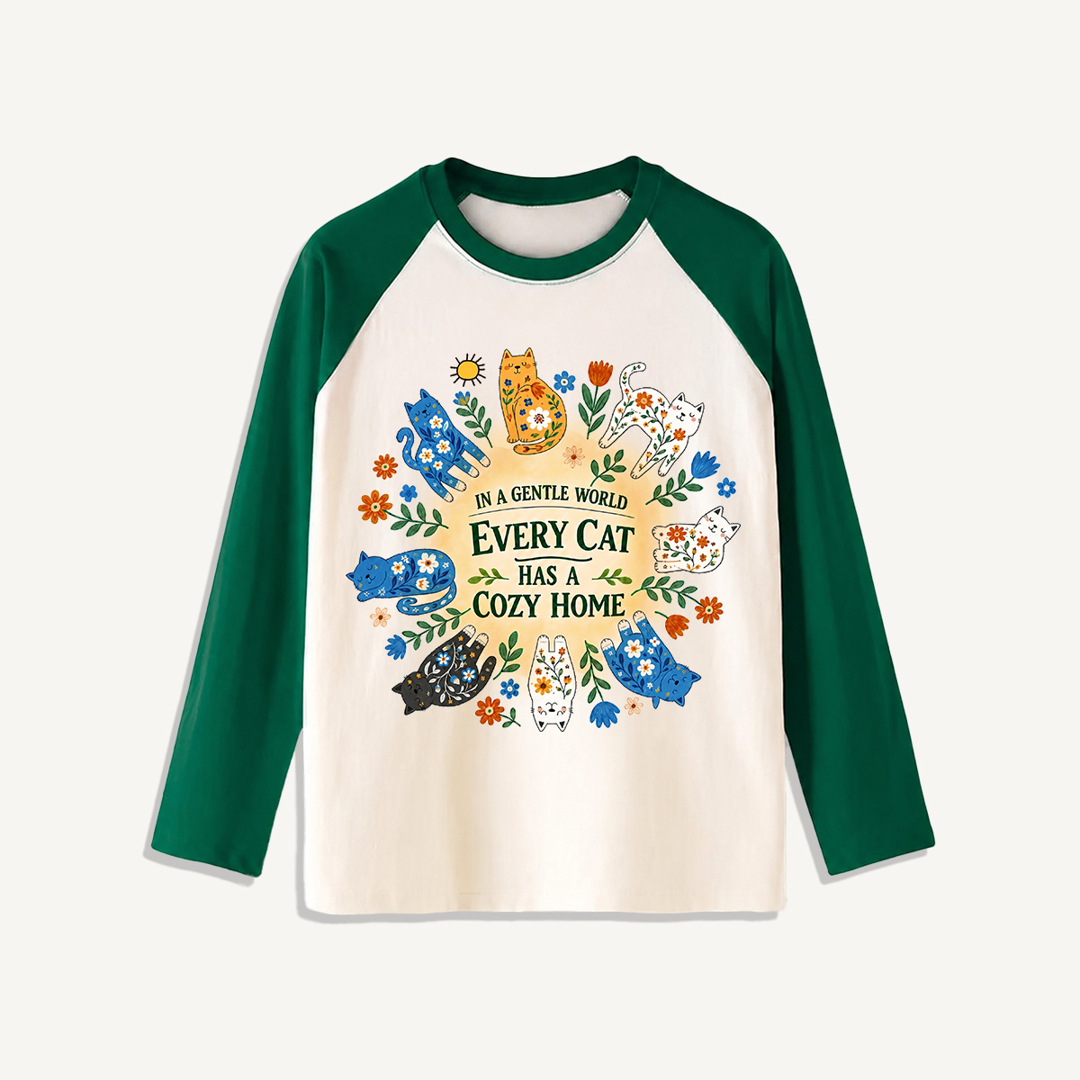 Floral Cats Cozy Home Print Raglan Long Sleeve T-shirt