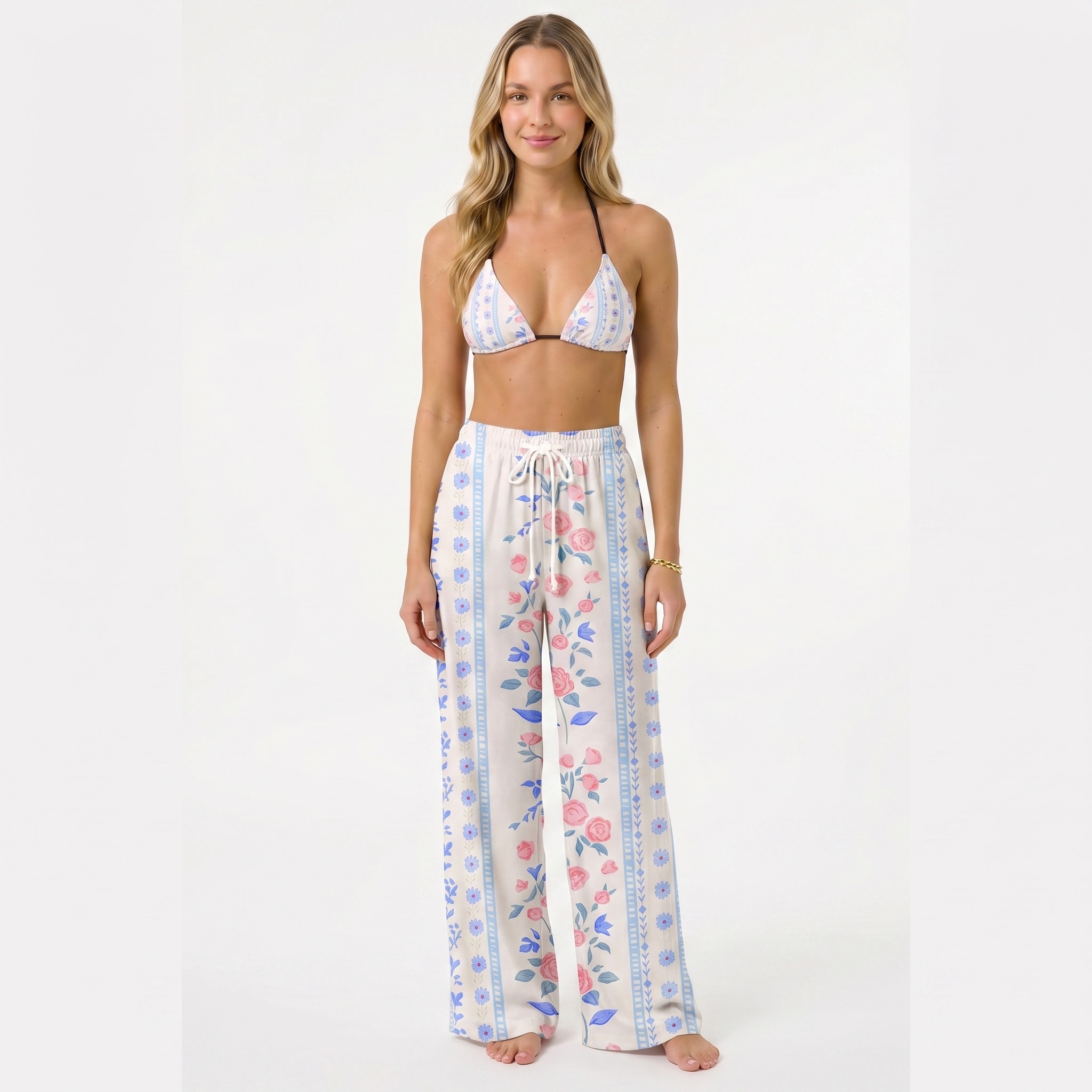 Blue Rose Tie Side Bikini Set with Matching Pants