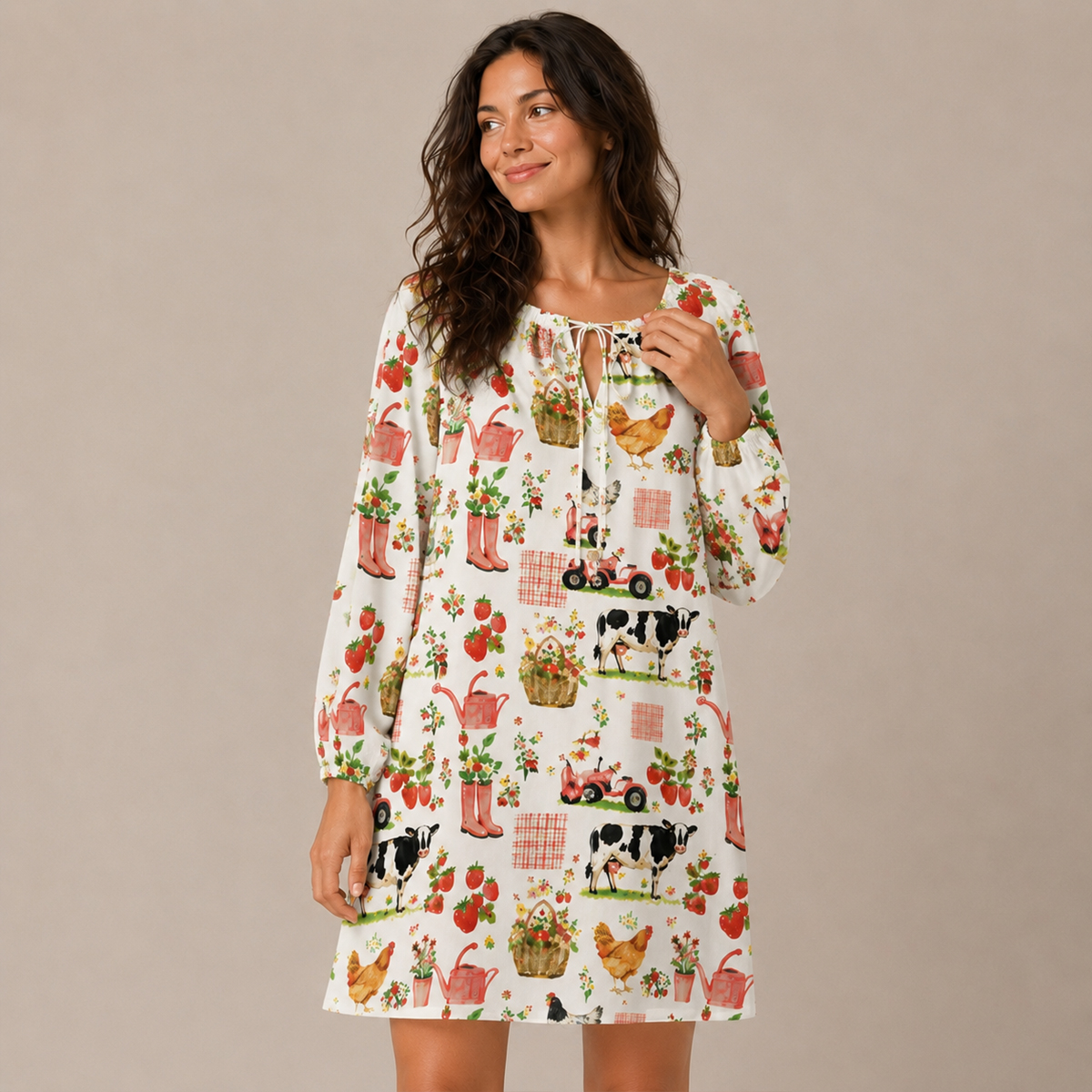 Watercolor Pink Farm Chicken Print Boho Tie‑Neck Smock Mini Dress