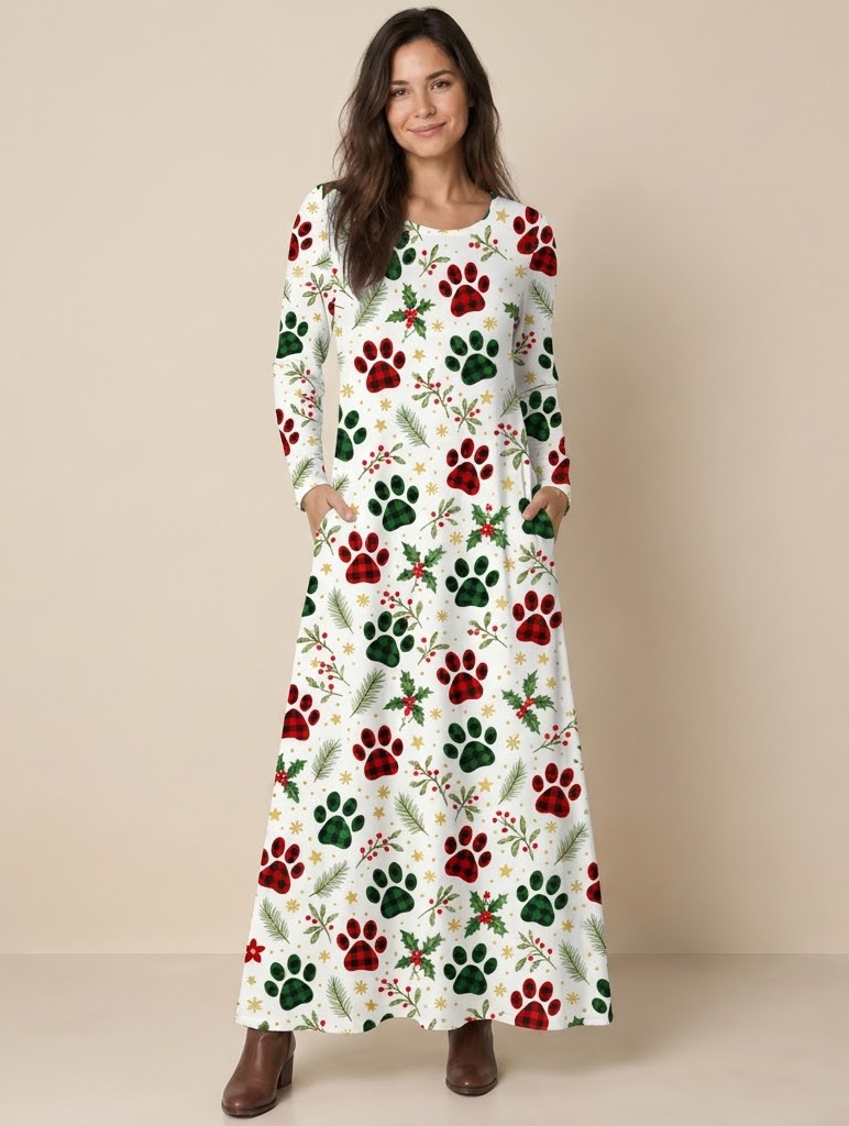 Merry Christmas Cat Paws Print Soft-Touch Stretch Knit Long Sleeve Maxi Dress with Pockets