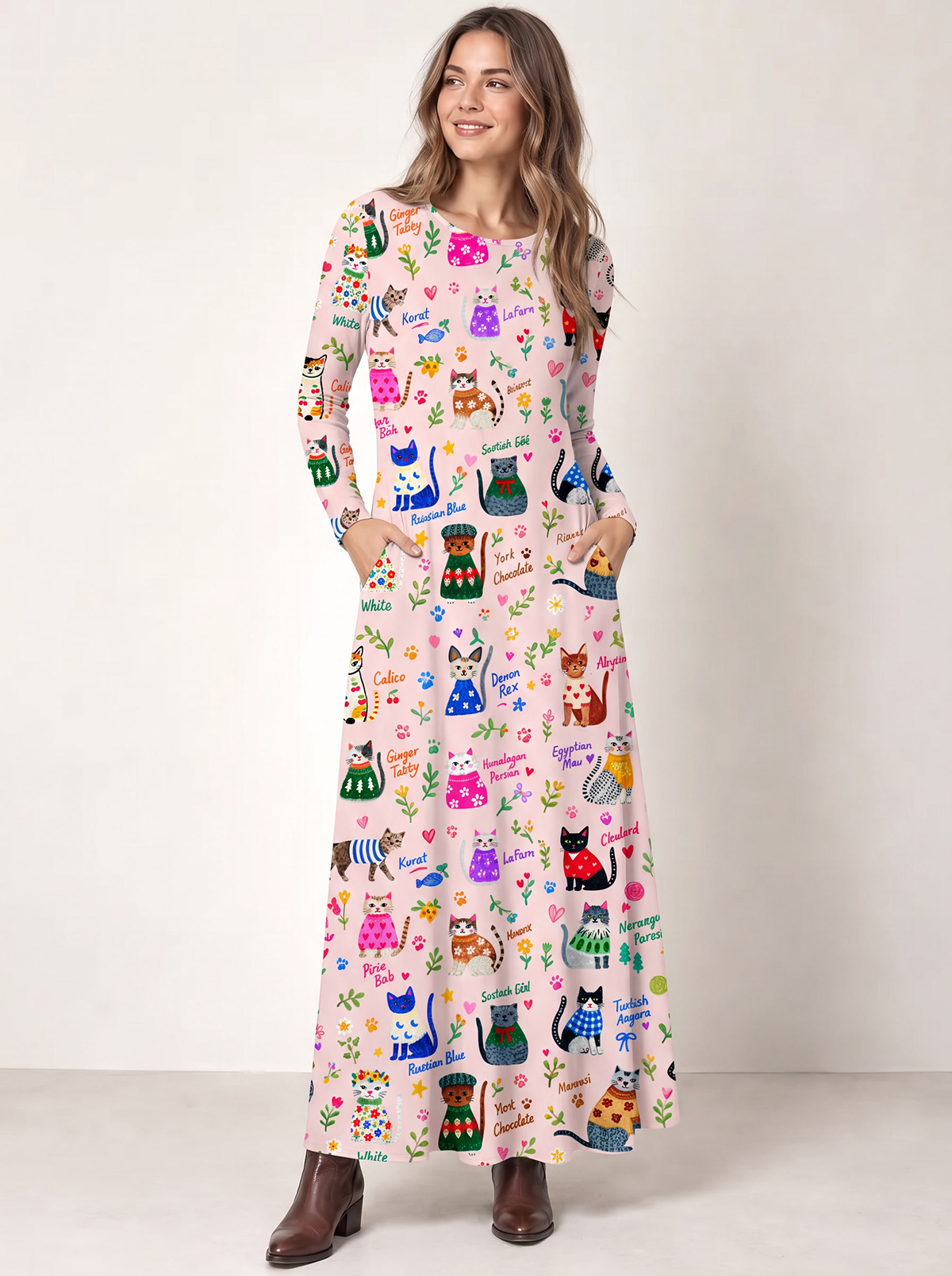 Whimsical Cat Breeds Print Soft-Touch Stretch Knit Long Sleeve Maxi Dress with Pockets