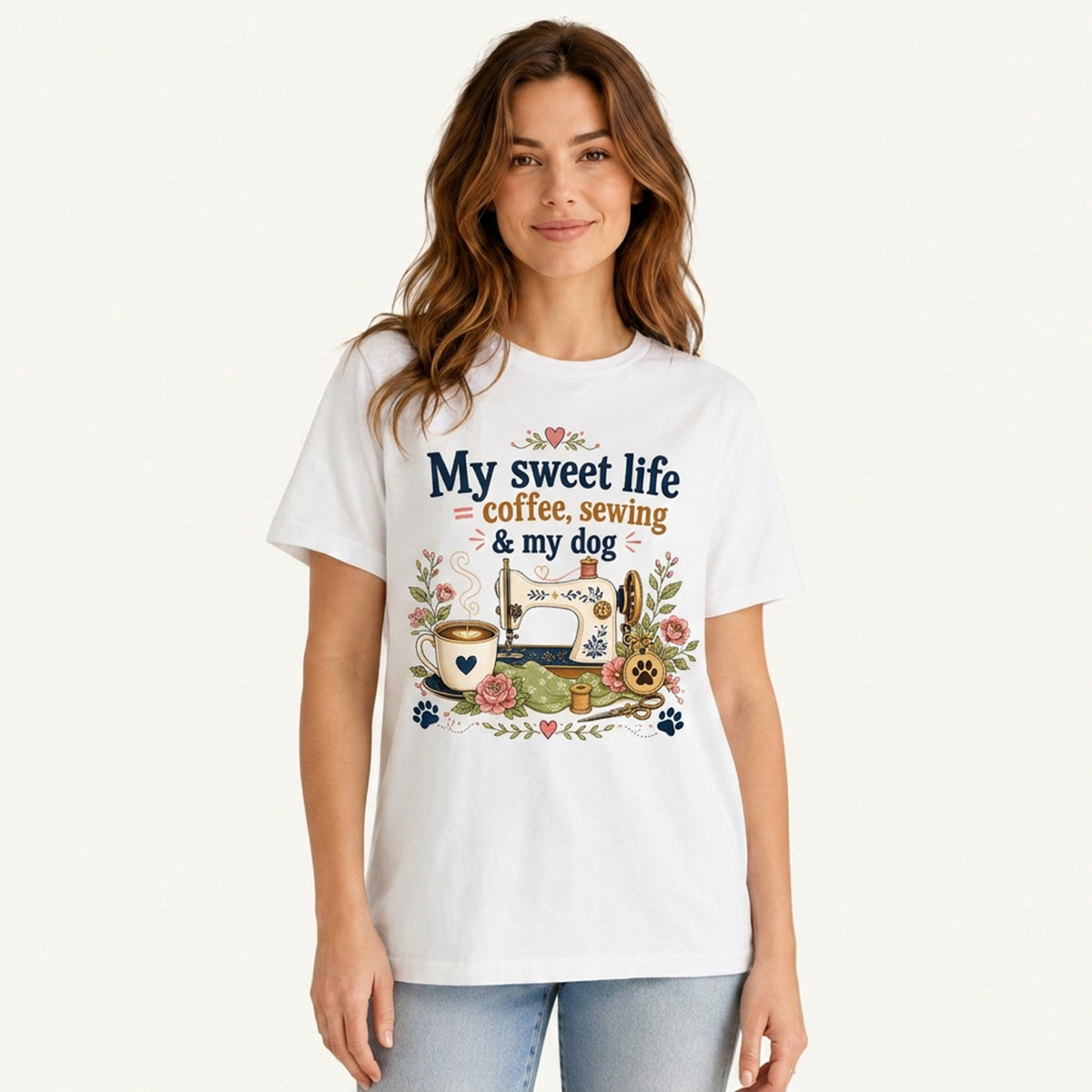 Coffee Sewing and My Dog Print Crew Neck Cotton Tee