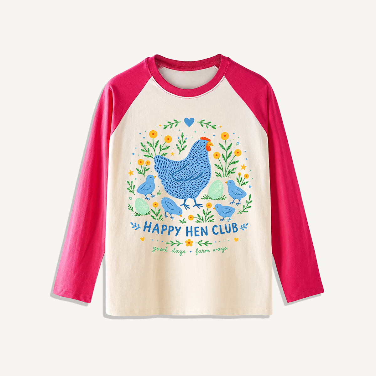 Blue Hen and Chicks Garden Print Raglan Long Sleeve T-shirt