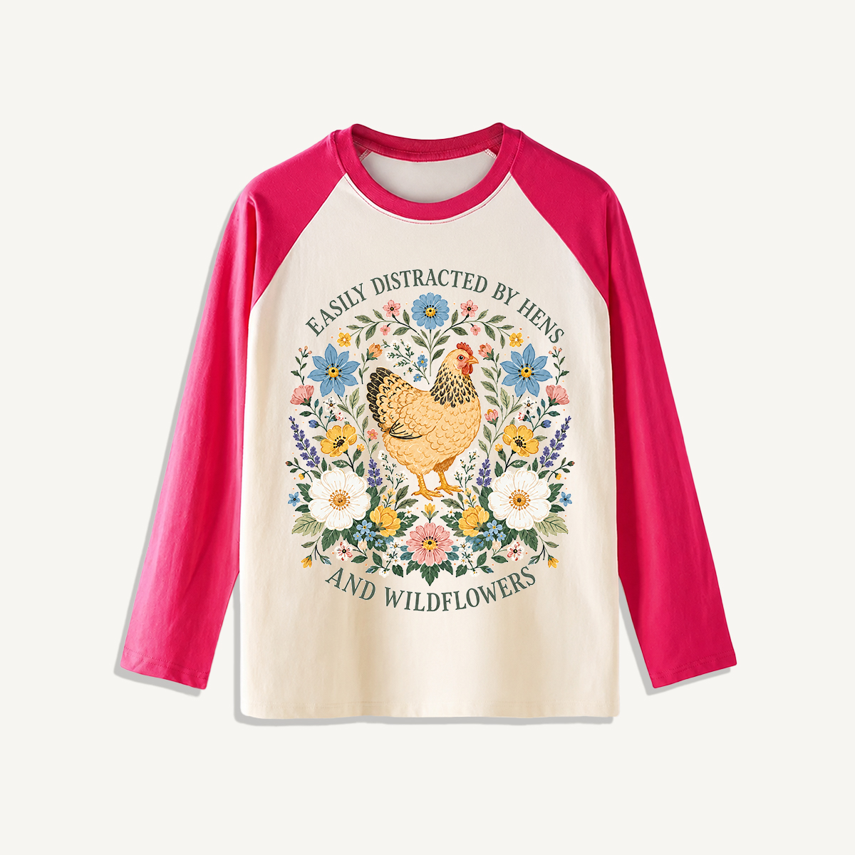 Hen and Wildflowers Cottage Print Raglan Long Sleeve T-shirt