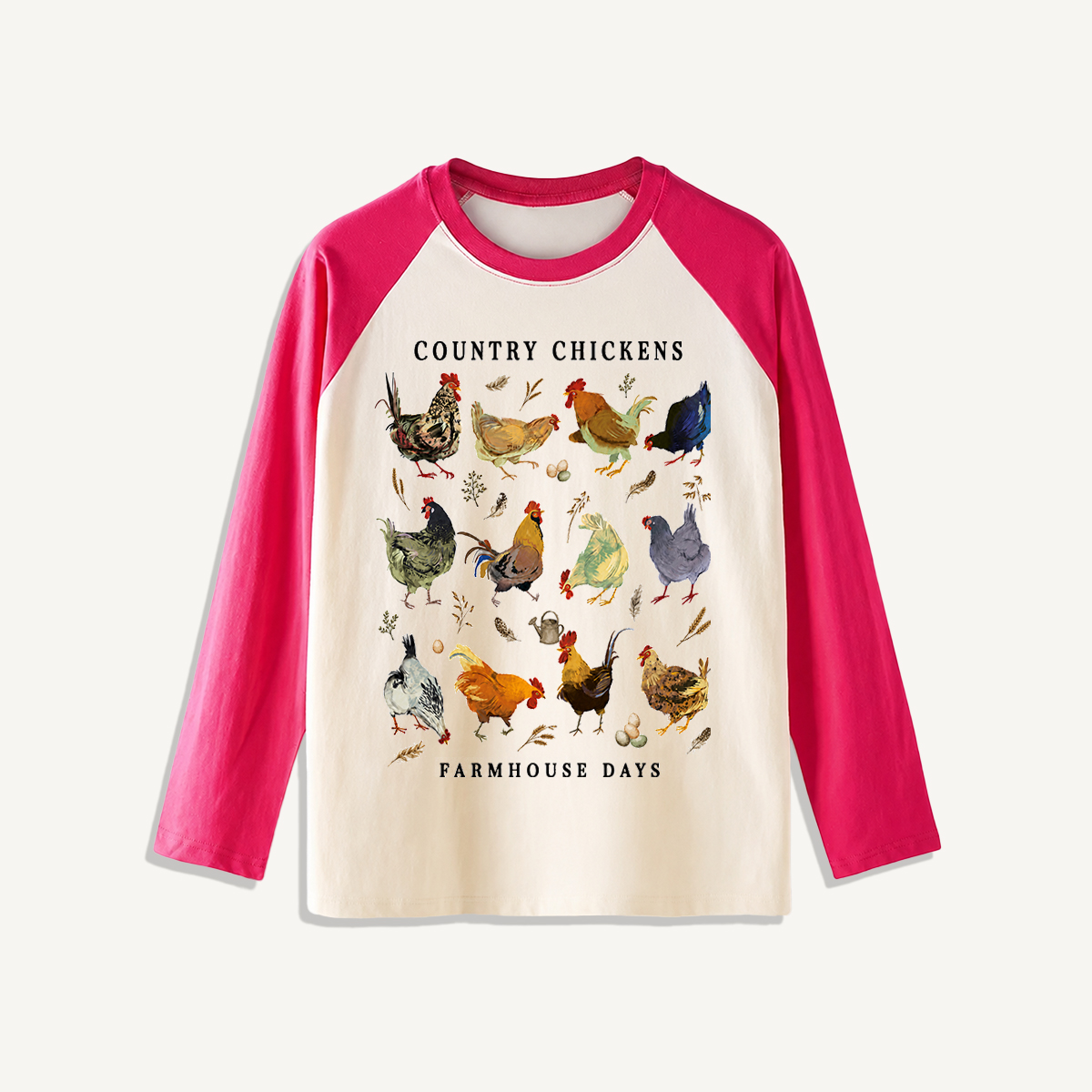 Country Chicken Farmhouse Collection Print Raglan Long Sleeve T-shirt