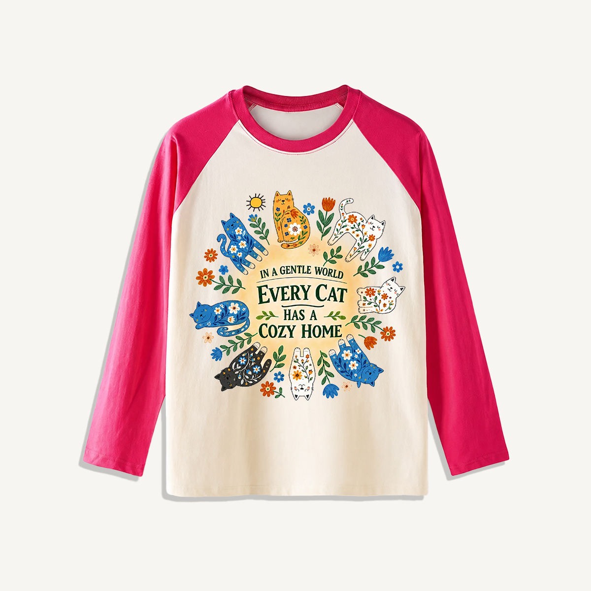 Floral Cats Cozy Home Print Raglan Long Sleeve T-shirt