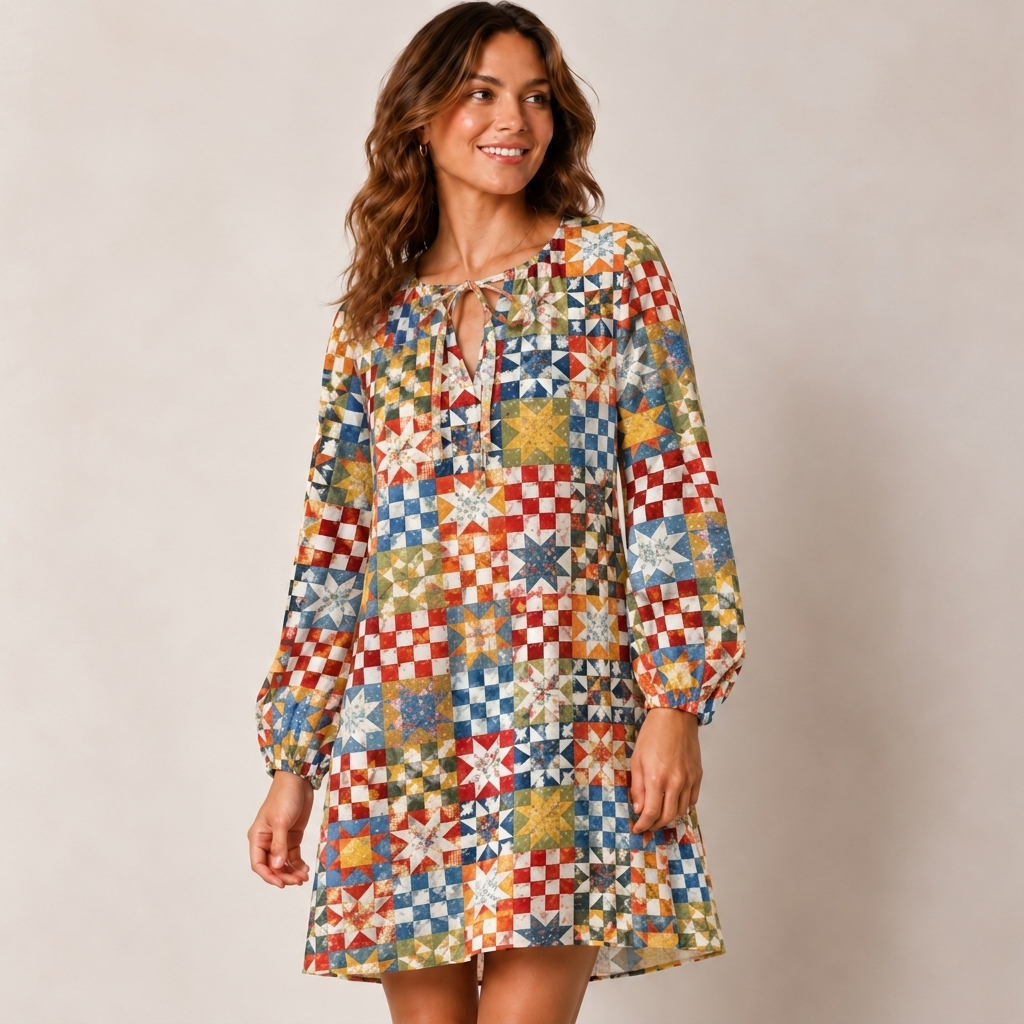 Vintage Star Quilt Patchwork Print Boho Tie‑Neck Smock Mini Dress