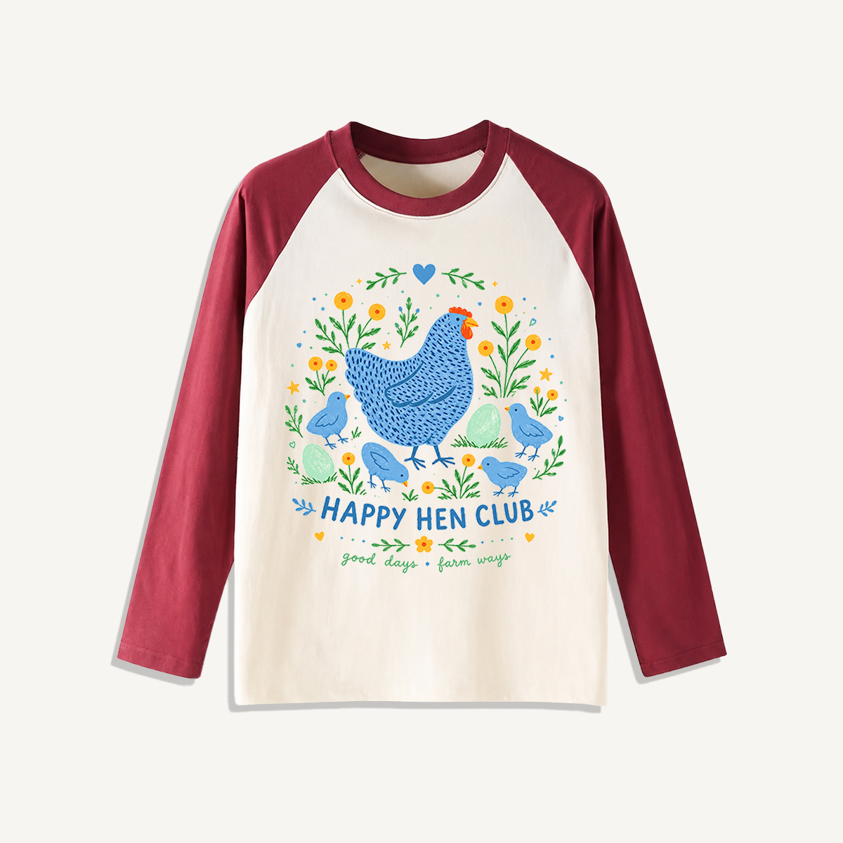 Blue Hen and Chicks Garden Print Raglan Long Sleeve T-shirt