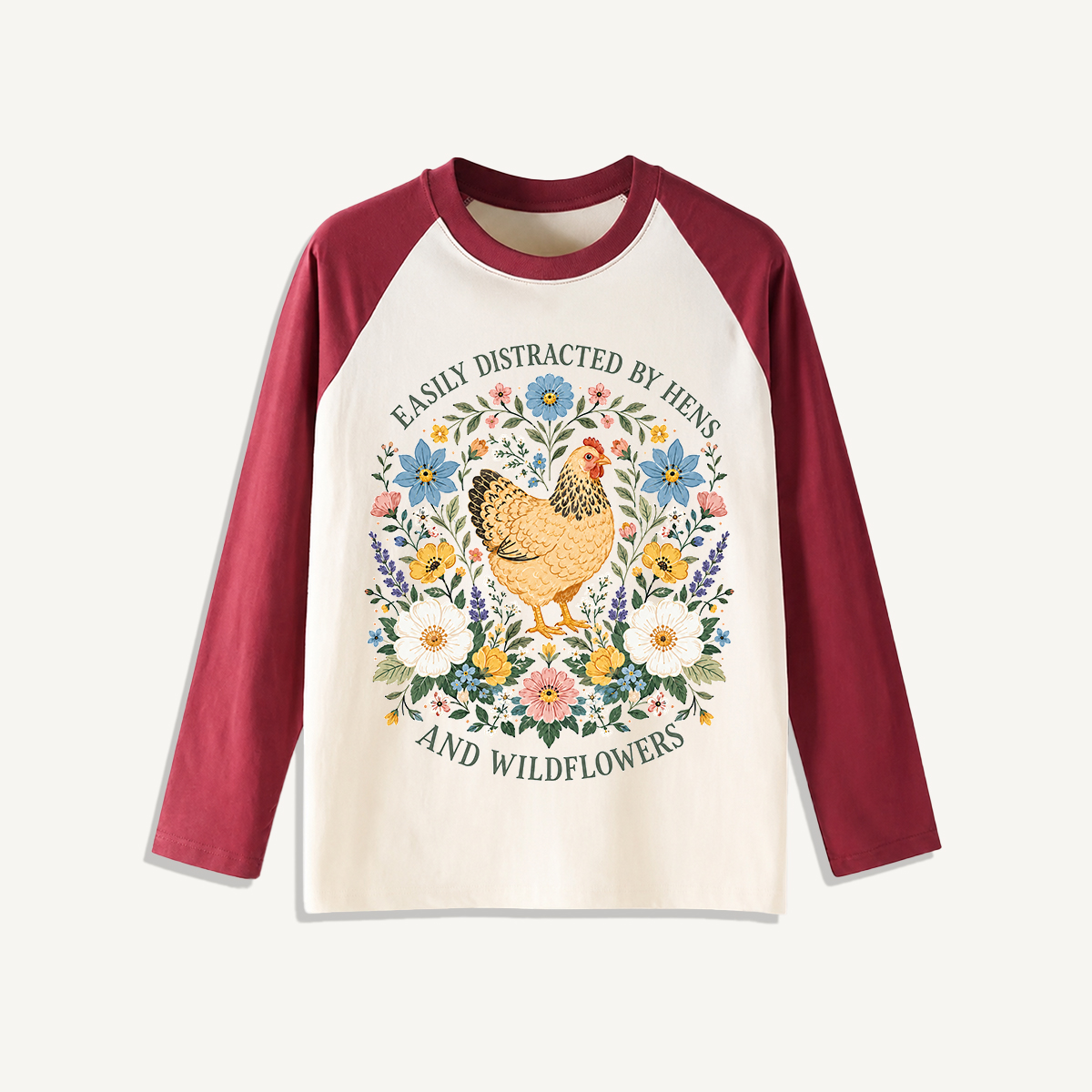 Hen and Wildflowers Cottage Print Raglan Long Sleeve T-shirt