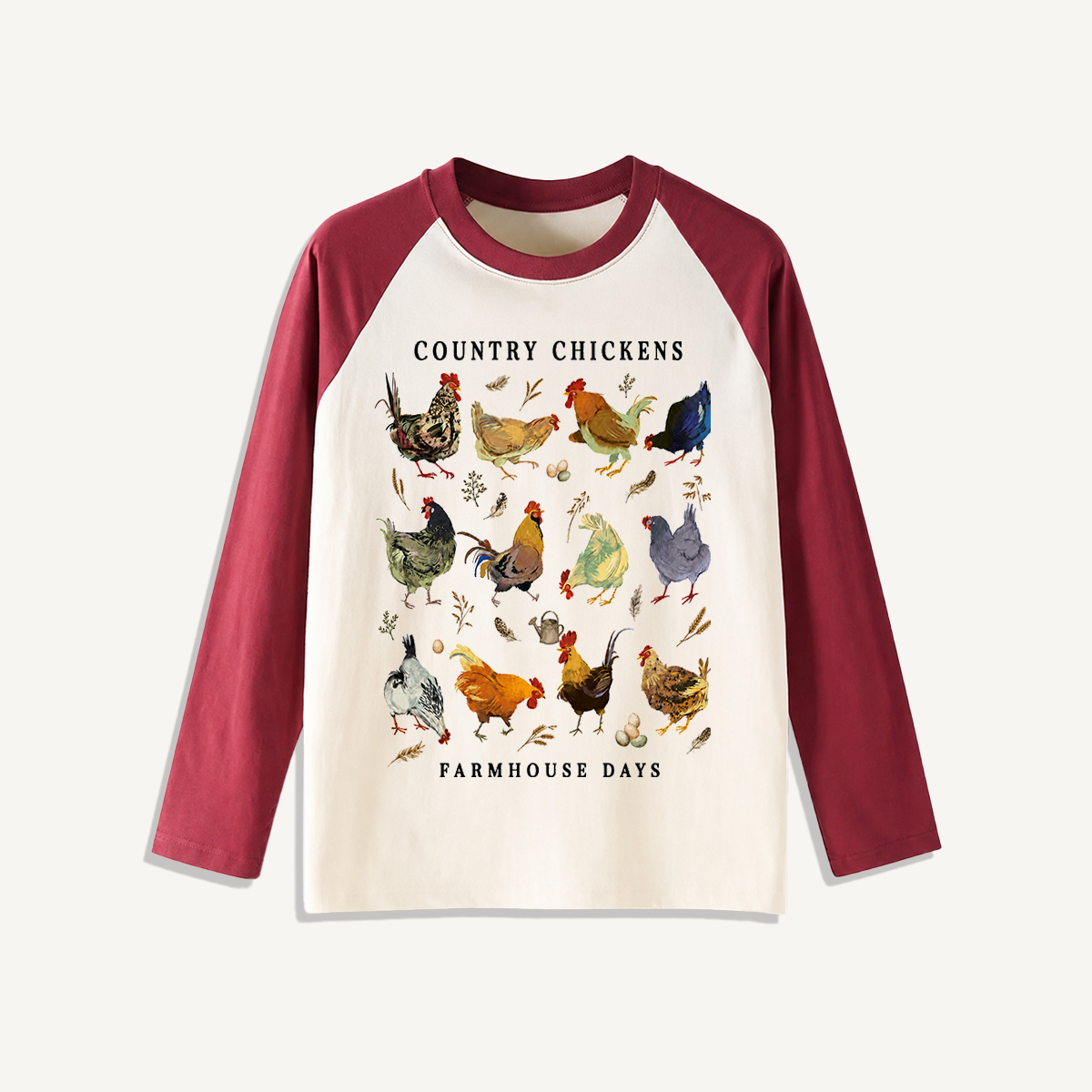 Country Chicken Farmhouse Collection Print Raglan Long Sleeve T-shirt
