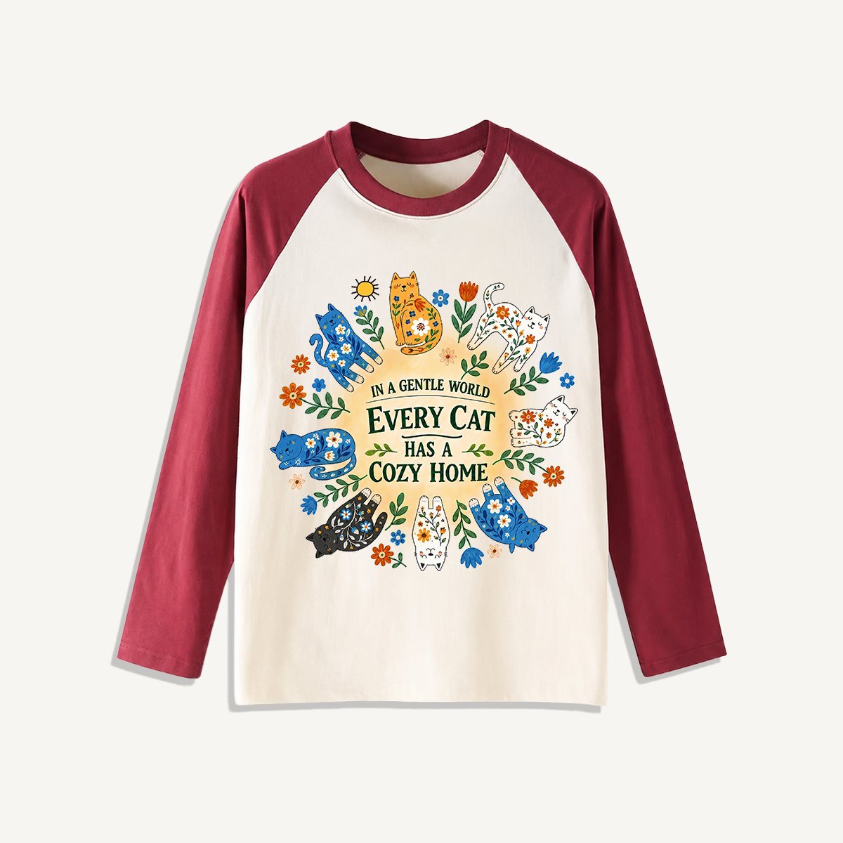 Floral Cats Cozy Home Print Raglan Long Sleeve T-shirt
