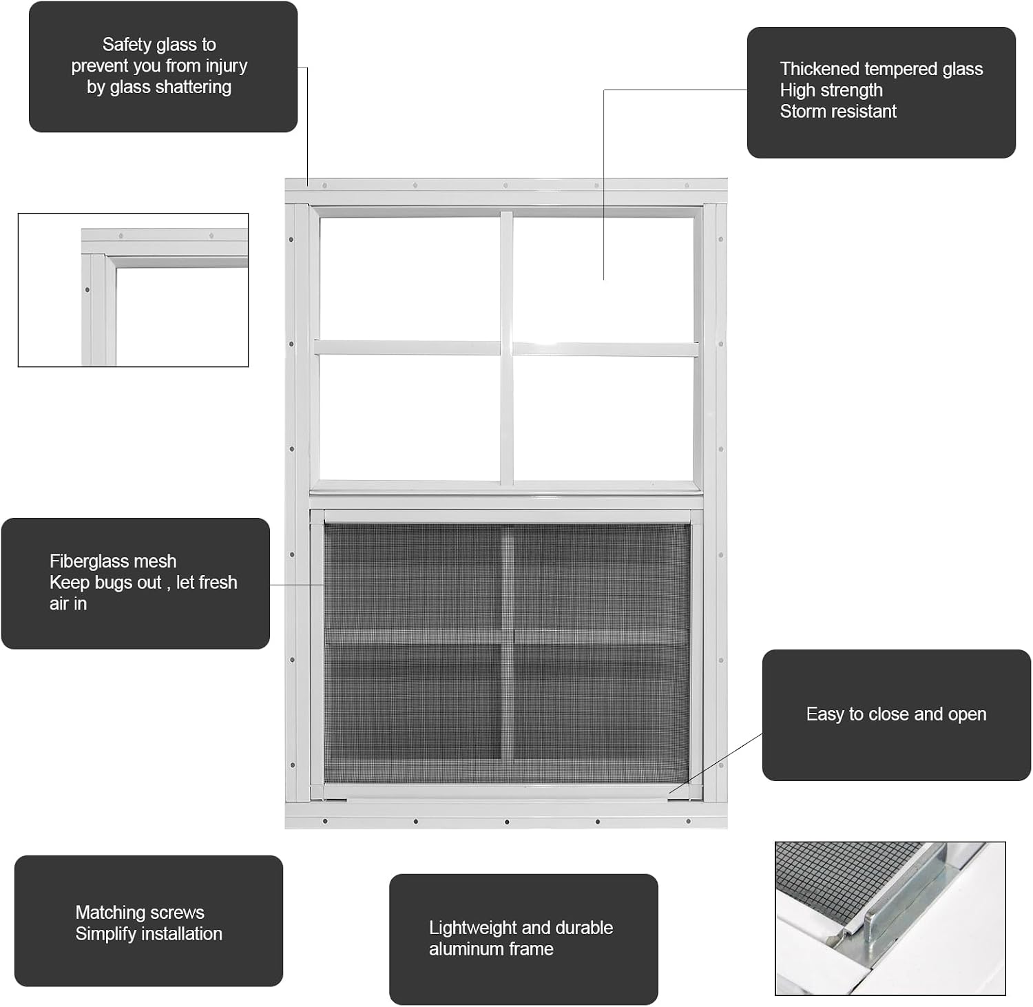 Shed Windows with Tempered Glass and Fiberglass Screen